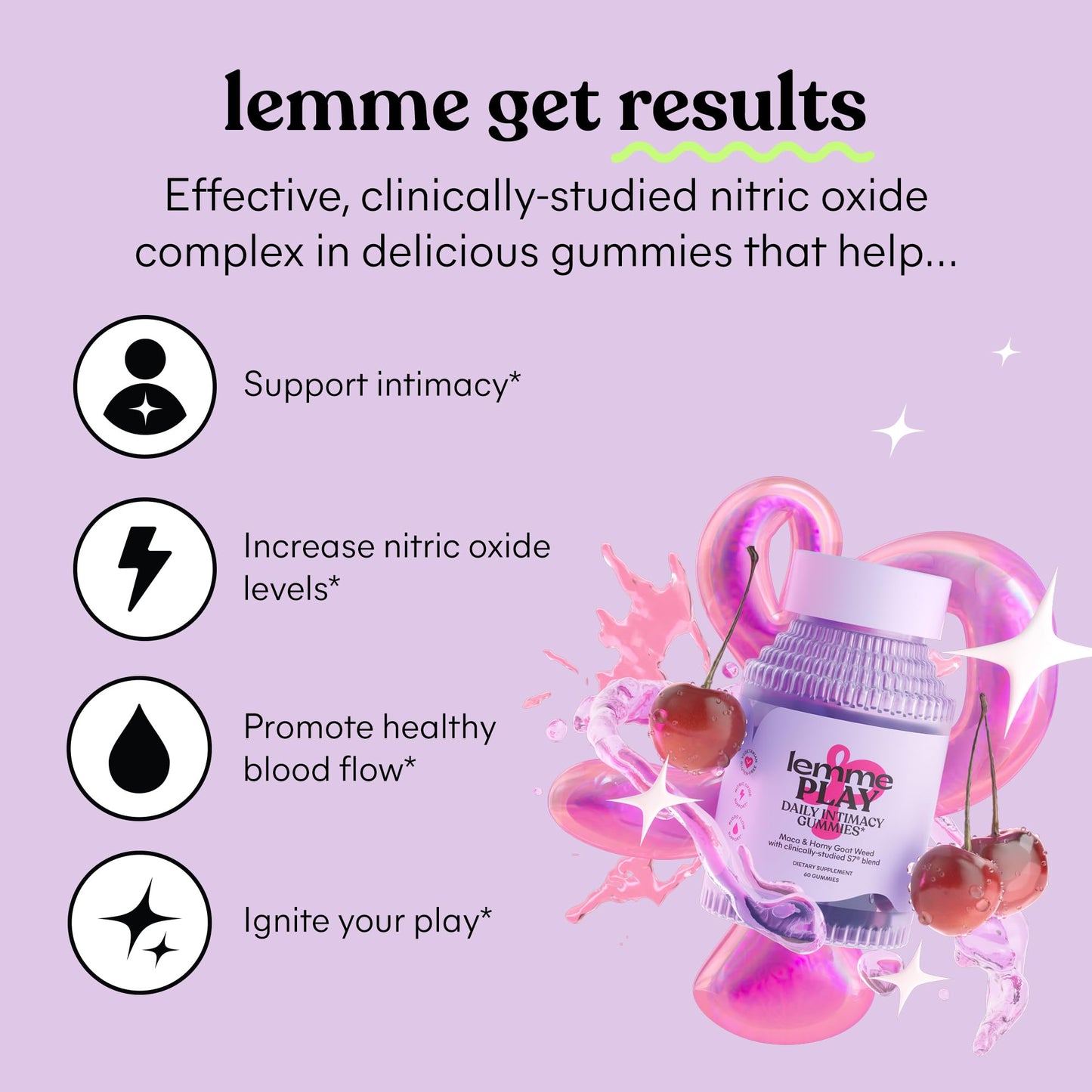 Lemme Play Daily Intimacy Gummies for Women and Men, with Clinically-Studied S7 Nitric Oxide Complex for Healthy Blood Flow, Maca Root, Goat Weed - Cherry Flavor, 60 Count