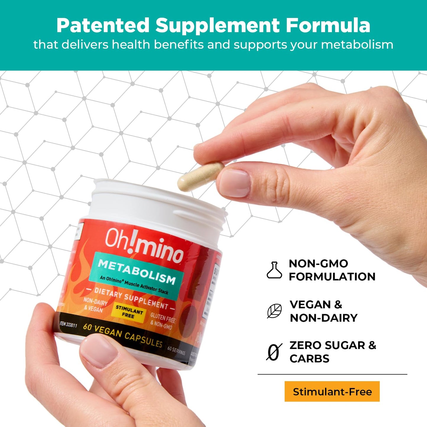 Oh!mino Metabolism Support Supplement for Efficient Fat-to-Energy Conversion with L-Carnitine, Phenylcapsaicin & Vitamin B3 – Vegan, Non-Dairy Capsules, 60 Count