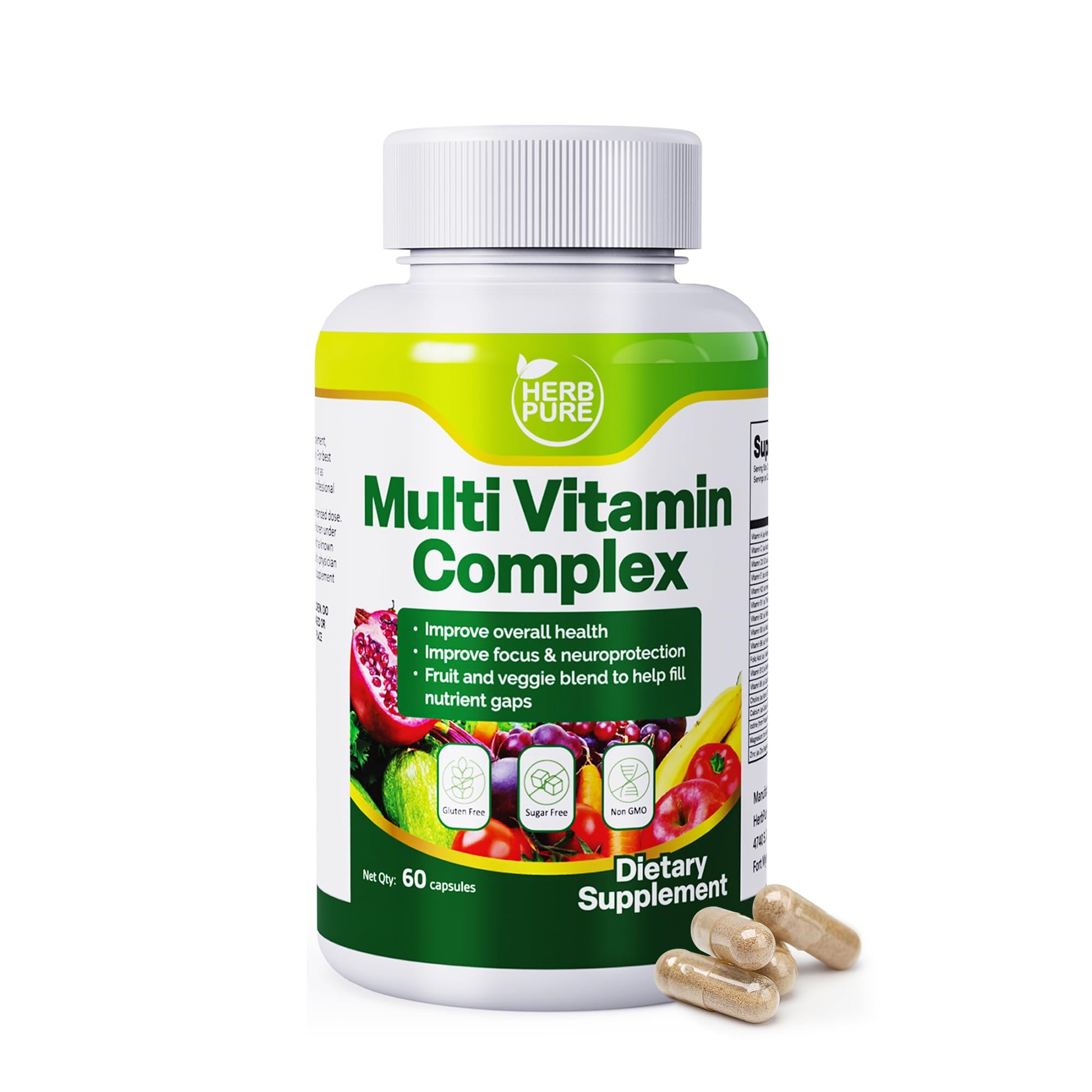 HERB PURE Multi Vitamin Complex Daily Multivitamins for Men and Women Capsules 60 Count