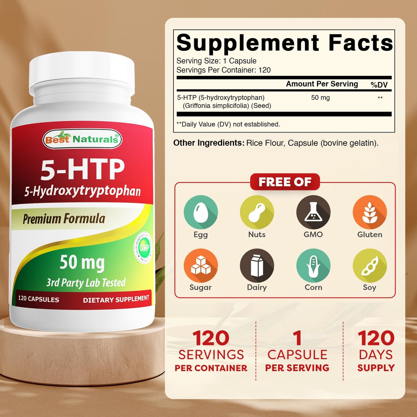 Best Naturals 5-HTP 50 mg Capsules 360 Count
