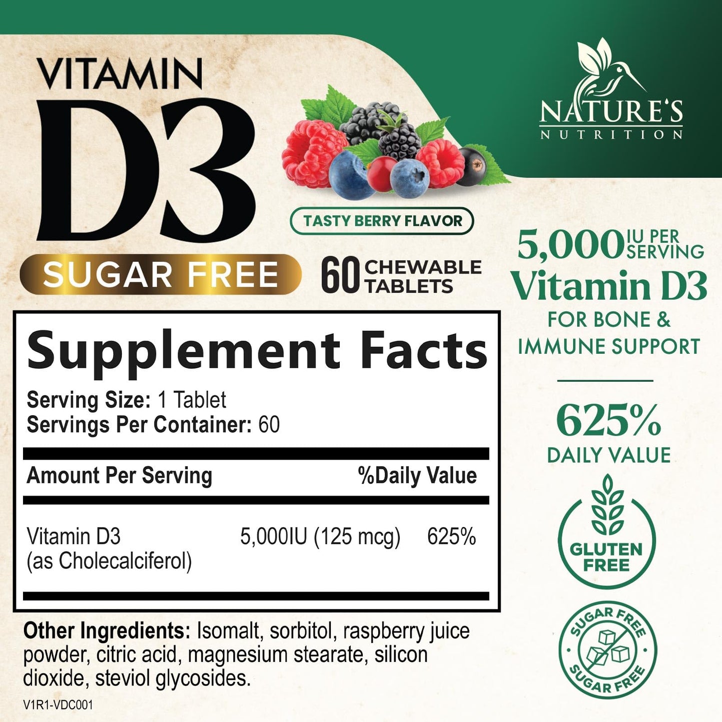 Nature's Nutrition Vitamin D3 5000 IU (125 mcg) Chewable, 60 Count Tablets
