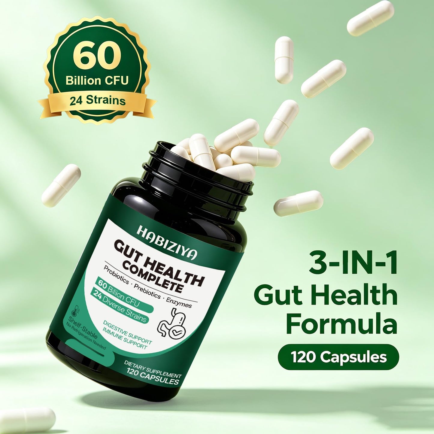 HABIZIYA Probiotics 60 Billion CFU with Prebiotics & Digestive Enzymes — 24-Strain Gut Health Supplement for Women & Men, Capsule, 120 Count