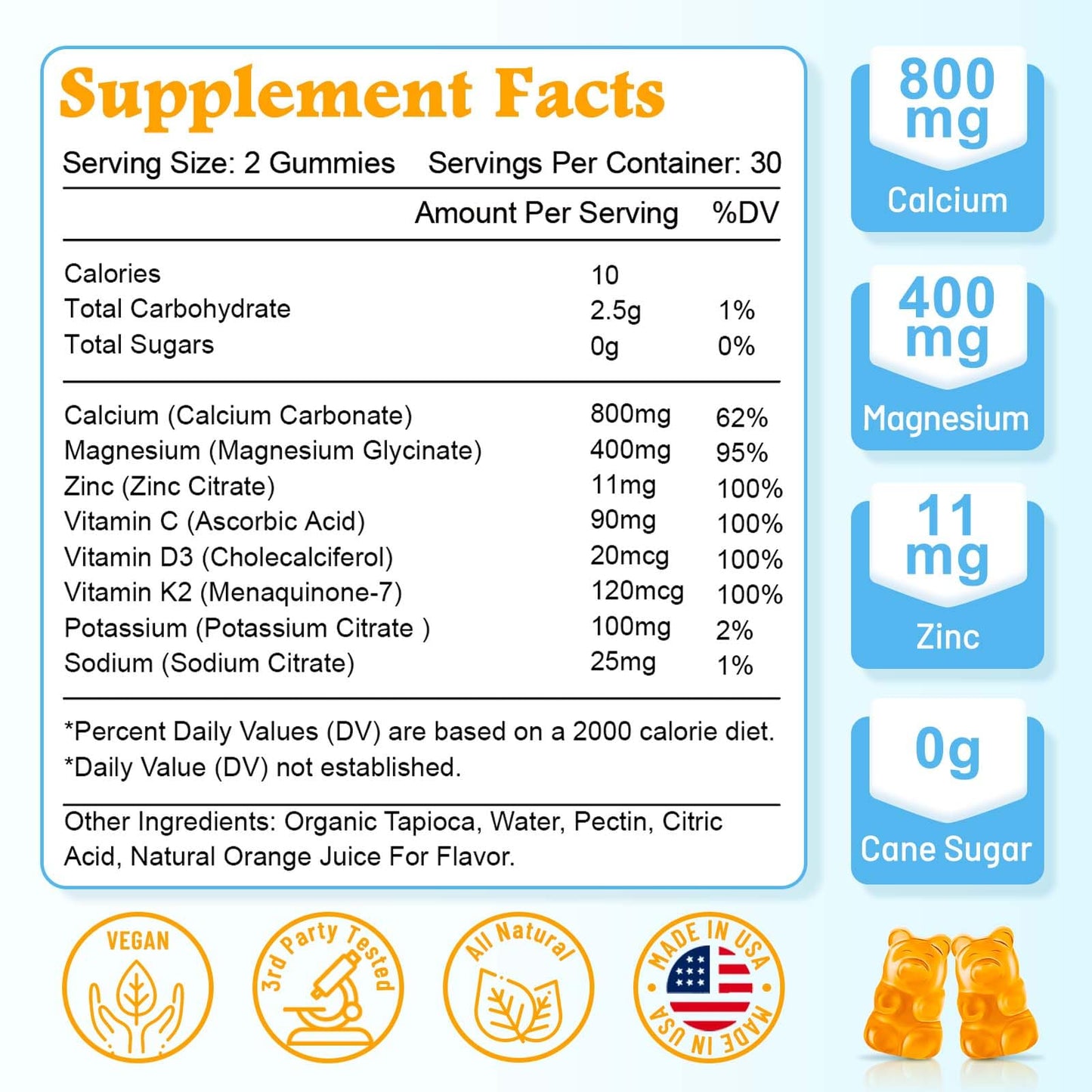 VZOXAINS Calcium Gummies, Sugar Free with Magnesium, Potassium & Vitamin D3, Vegan Orange Flavor, 60 Gummies