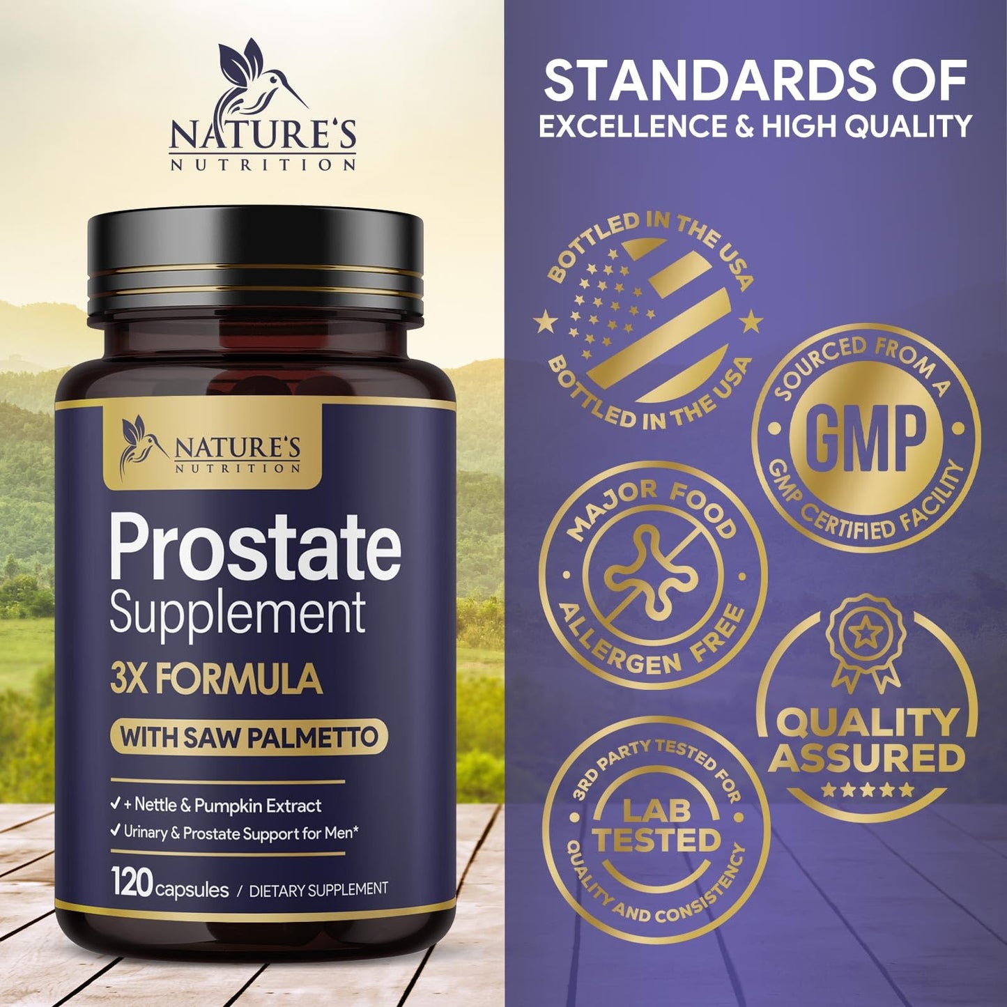 Nature's Nutrition Prostate Health Supplements for Men - 3X Strength with Saw Palmetto Blend Stinging Nettle Root & Pumpkin Seed Support Complex - Prostate & Urinary Health, 120 Capsules