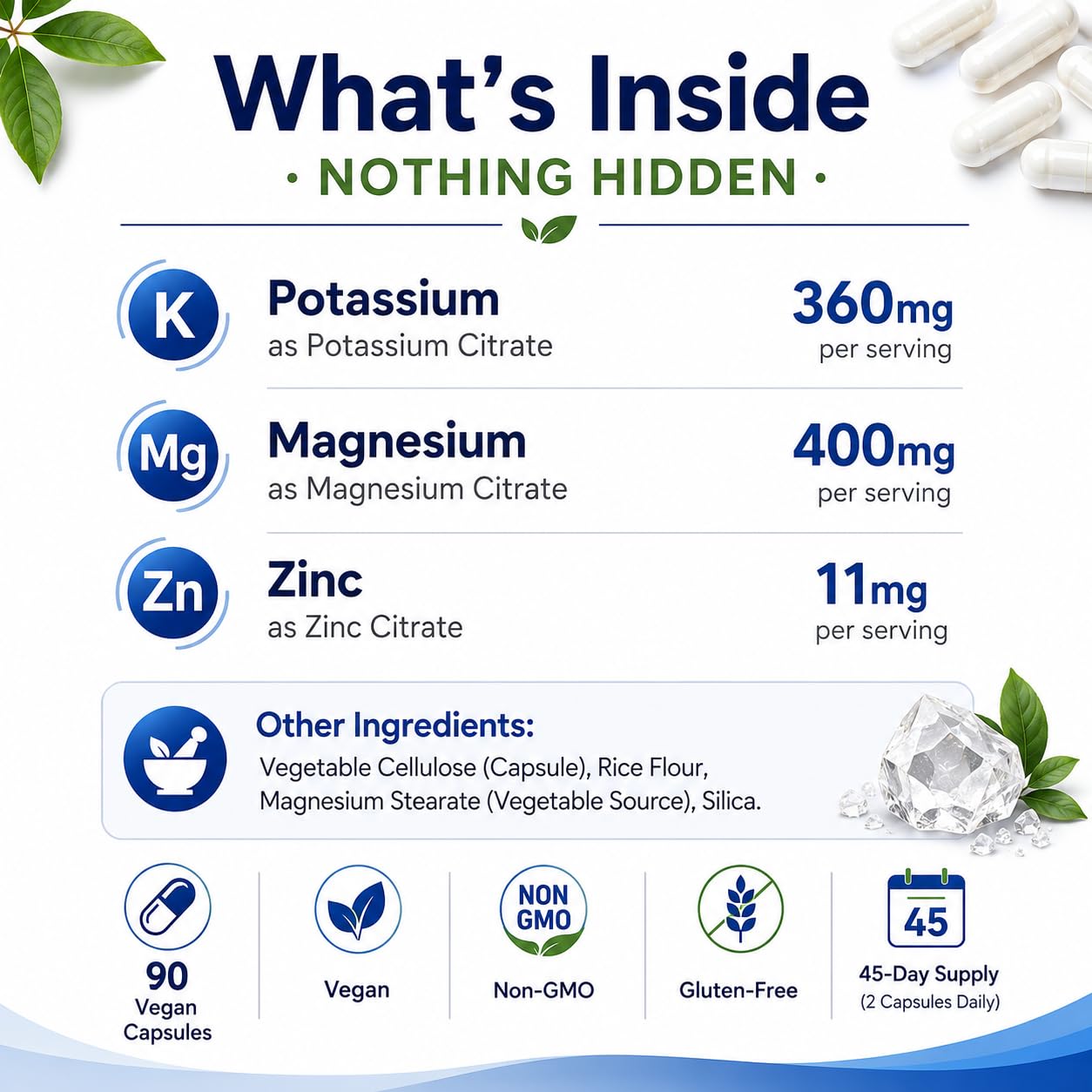 Sloleellers Potassium Magnesium Supplement with Zinc 1000mg Potassium Citrate, 400mg Magnesium, 90 Capsules