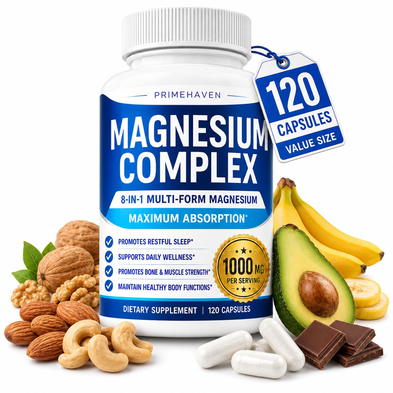 PRIMEHAVEN Alveta Magnesium Complex 1000mg for Women and Men, 8-in-1 Magnesio Complex Supplement Capsules with Glycinate, Citrate, Malate & Taurate, 120 Capsules