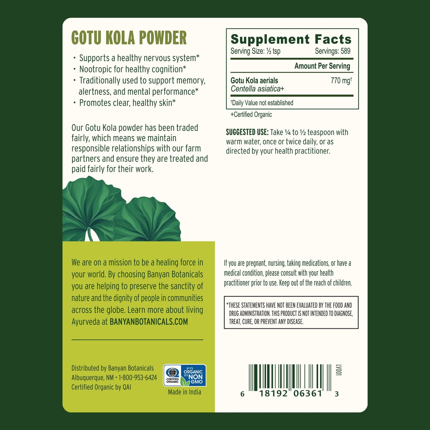 Banyan Botanicals Gotu Kola Organic Brahmi (Centella Asiatica) Powder 16 oz