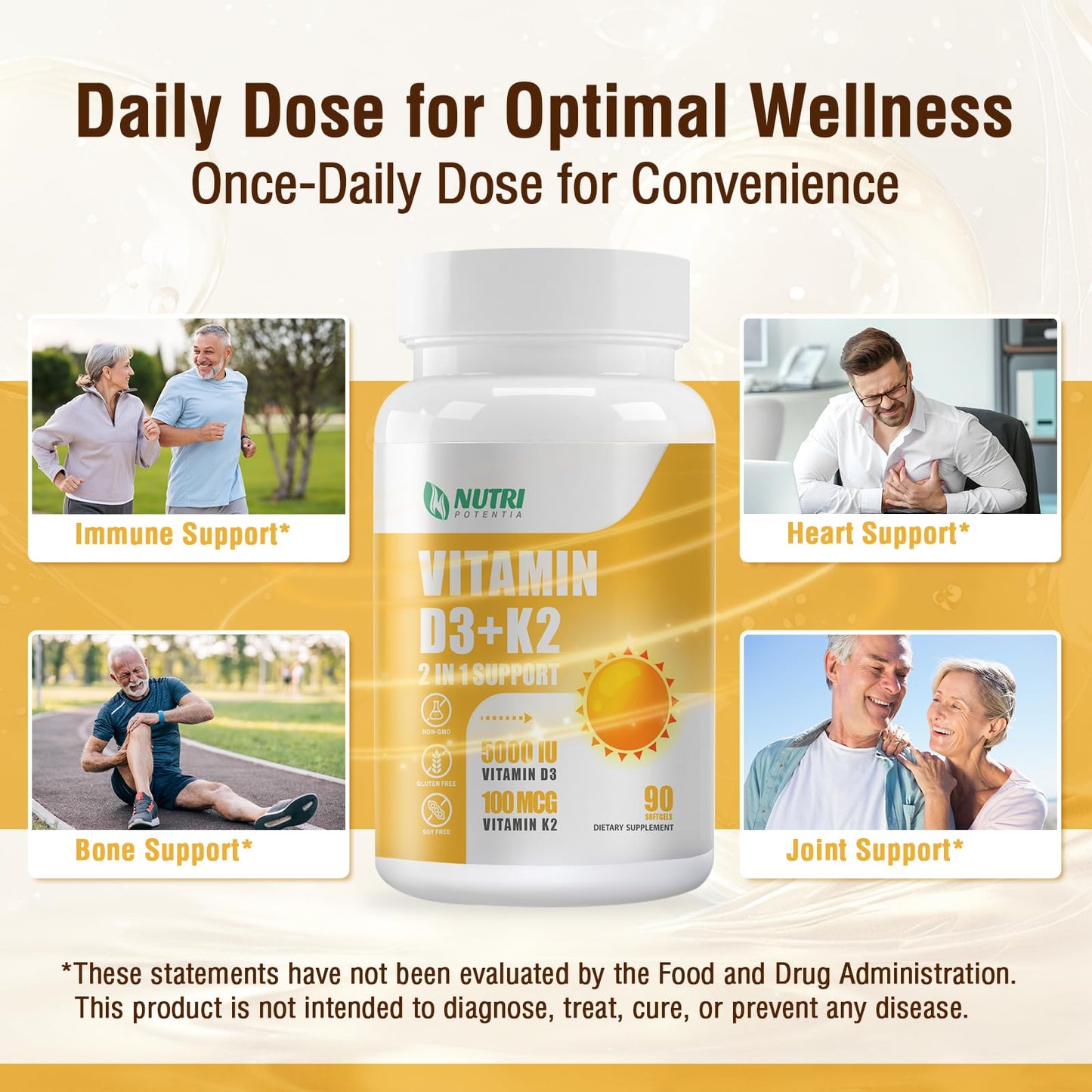 NUTRI POTENTIA Vitamin D3 K2 Supplement with MCT Oil Softgel 90 Count
