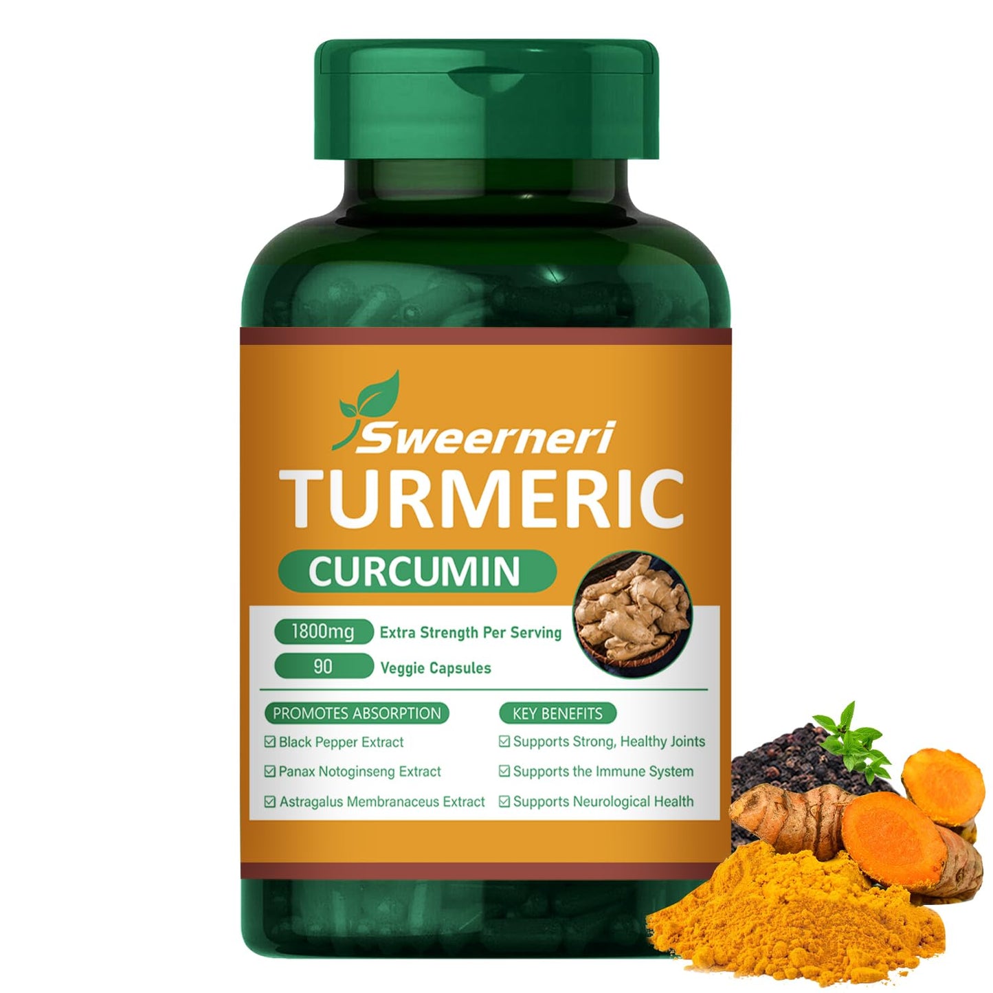 Sweerneri Turmeric Curcumin 1800mg with 95% Curcuminoids & Black Pepper – High Absorption Formula for Joint, Inflammation & Immune Support – Extra Strength, Vegan, Non-GMO – 90 Capsules
