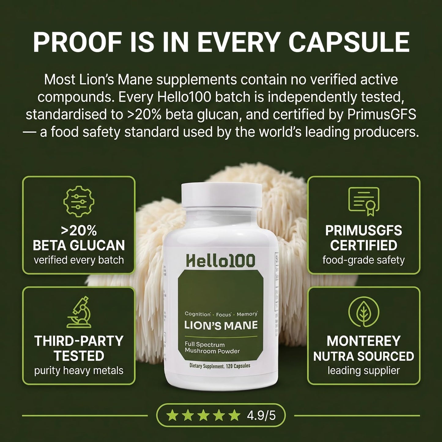 HELLO100 Organic Lion's Mane Mushroom Supplement 60 Capsules