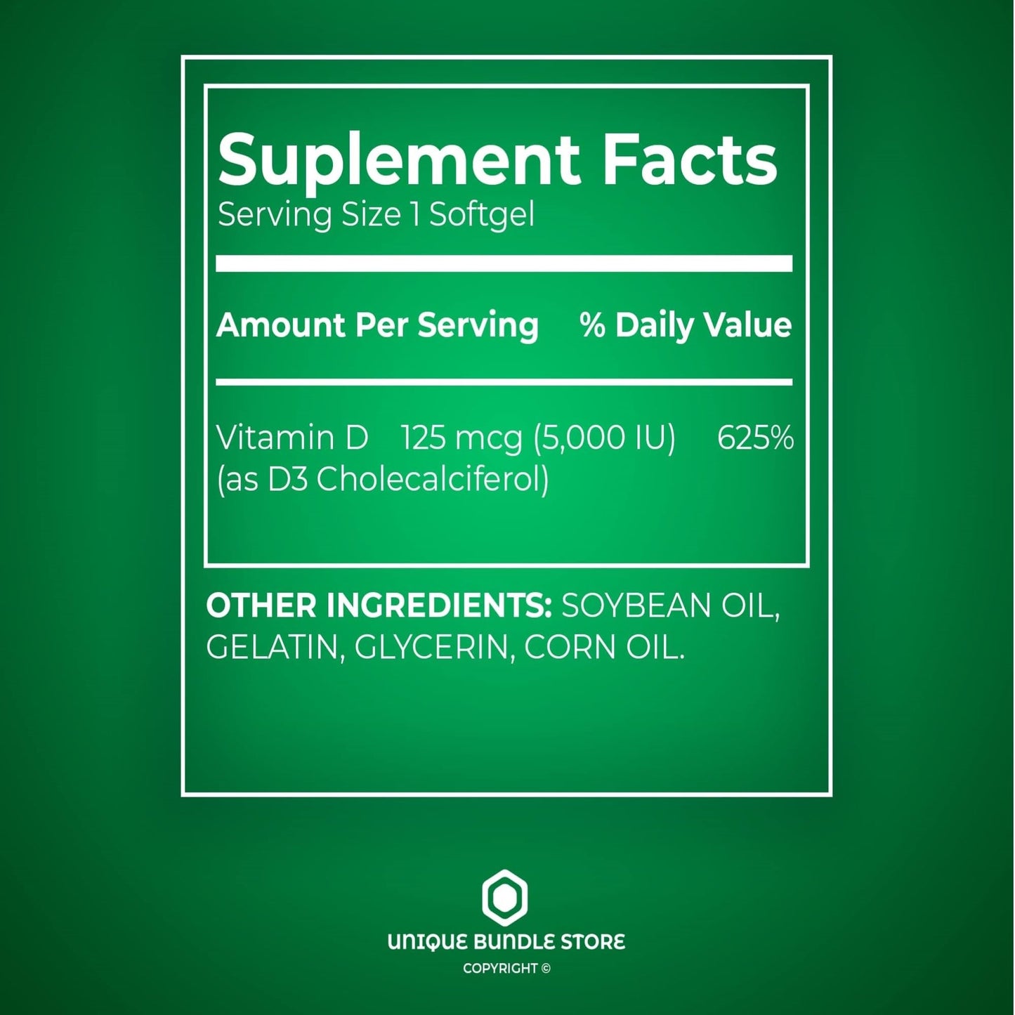 Unique Bundle Store Vitamin D3 5000 IU (125 mcg) Softgels 100