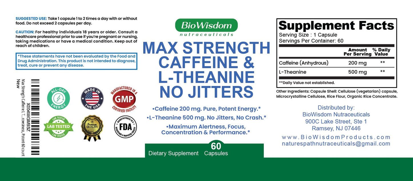 BioWisdom Nutraceuticals Max Strength Caffeine L-Theanine Capsules, 60 Count