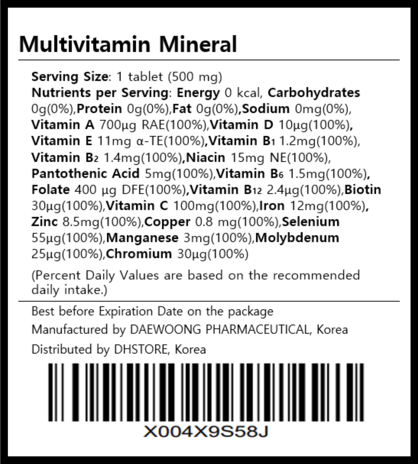 DAHLORE Daewoong Multivitamin Mineral Tablet, 30 Count