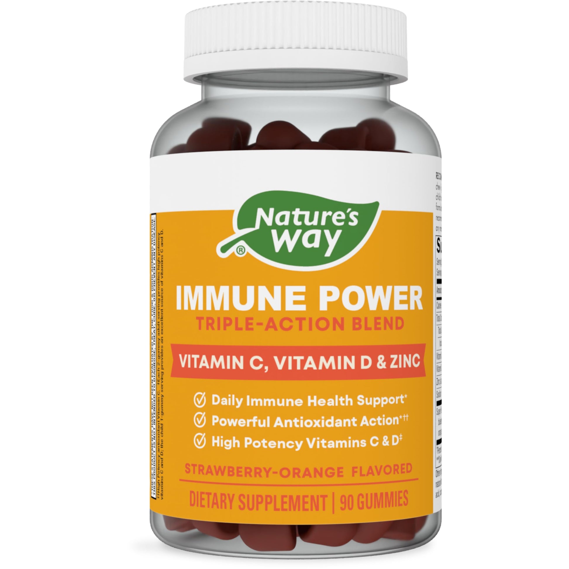 Nature's Way Immune Power Triple Action Immune Support Blend, Vitamins C and D, Zinc, Strawberry-Orange Flavored Gummies, 90 Count