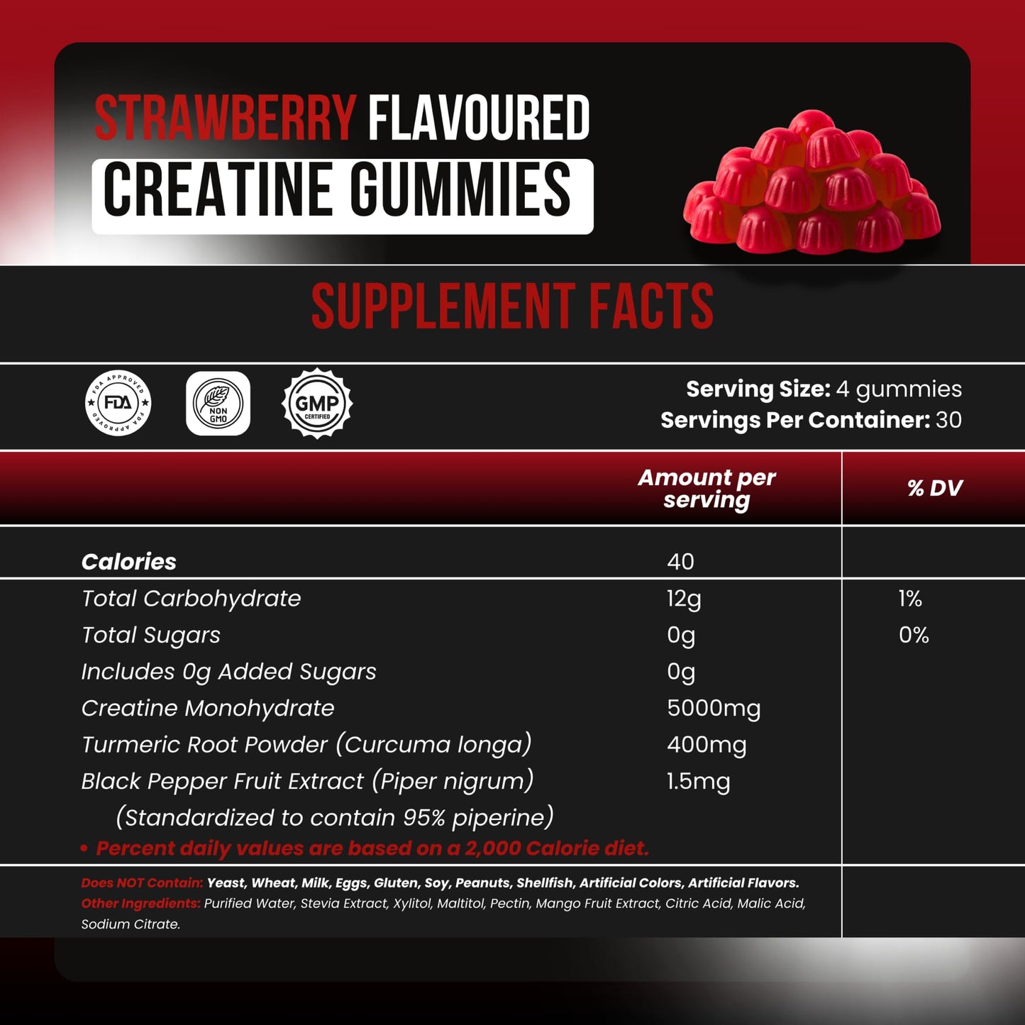aura HK Creatine Monohydrate Gummies 5000mg Per Serving, Sugar Free, Strawberry Flavor, with Turmeric Root & Black Pepper, Vegan, 120 Gummies