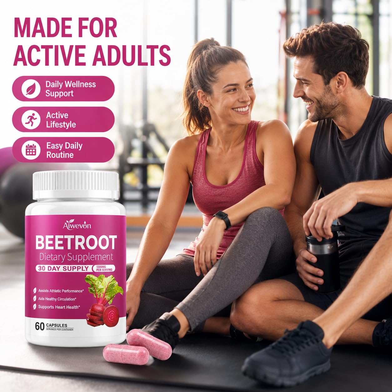 Aiwevon Organic Beet Root Capsules 1300mg per Serving – Non-GMO Beetroot Supplement for Circulation, Heart Health & Energy Support – Easy-to-Swallow Veggie Capsules, 60 Count