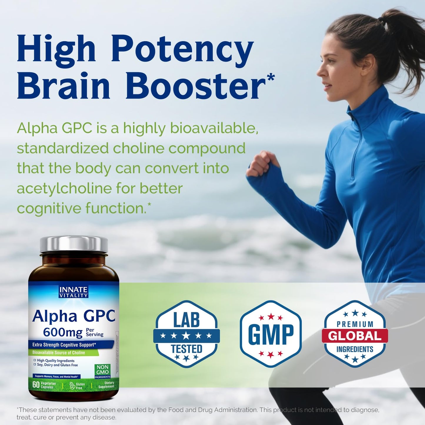 Innate Vitality Alpha GPC 600mg Choline Supplement, 60 Vegan Capsules