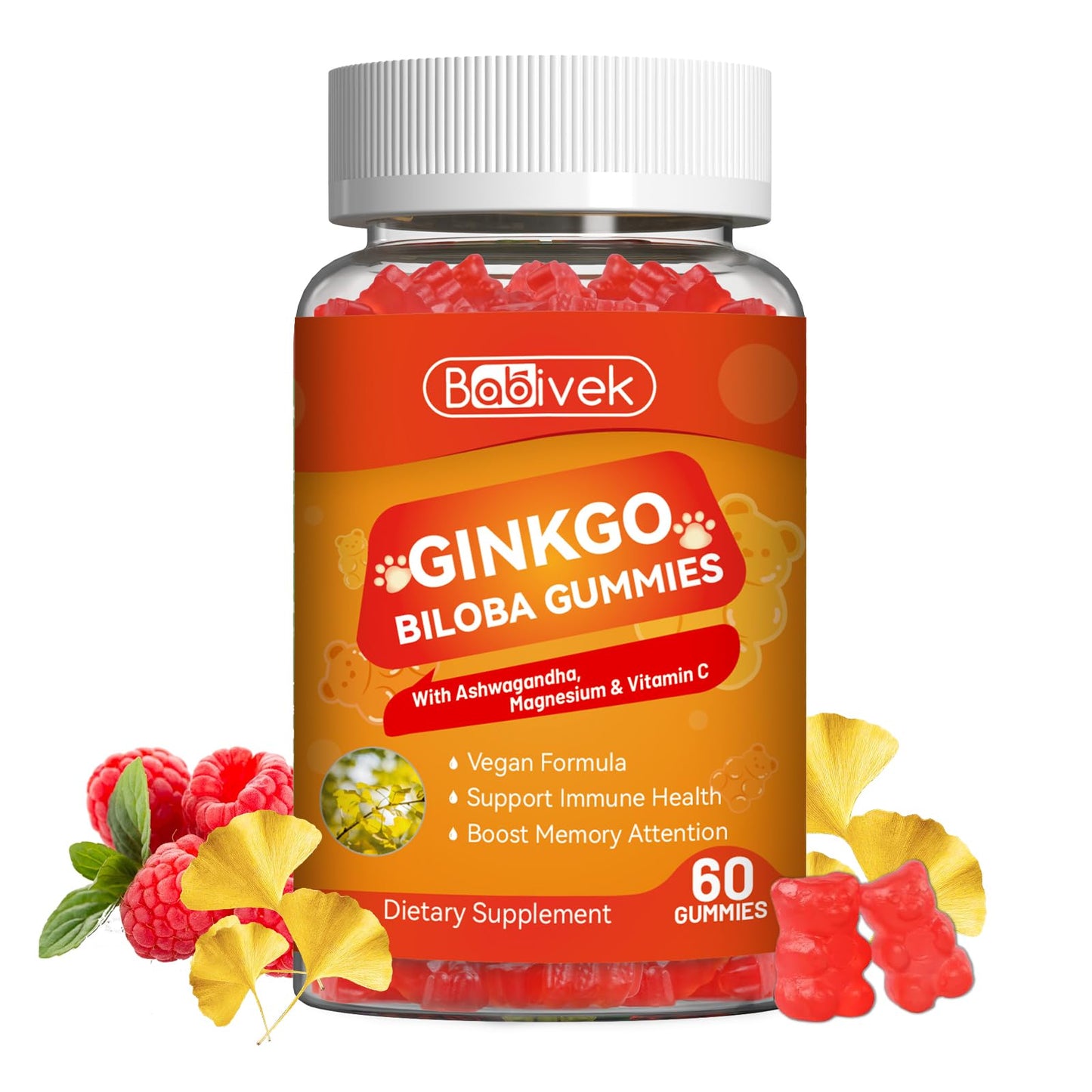 Babivek Ginkgo Biloba with Ashwagandha, Vitamin C & Magnesium Gummies, 60 Count