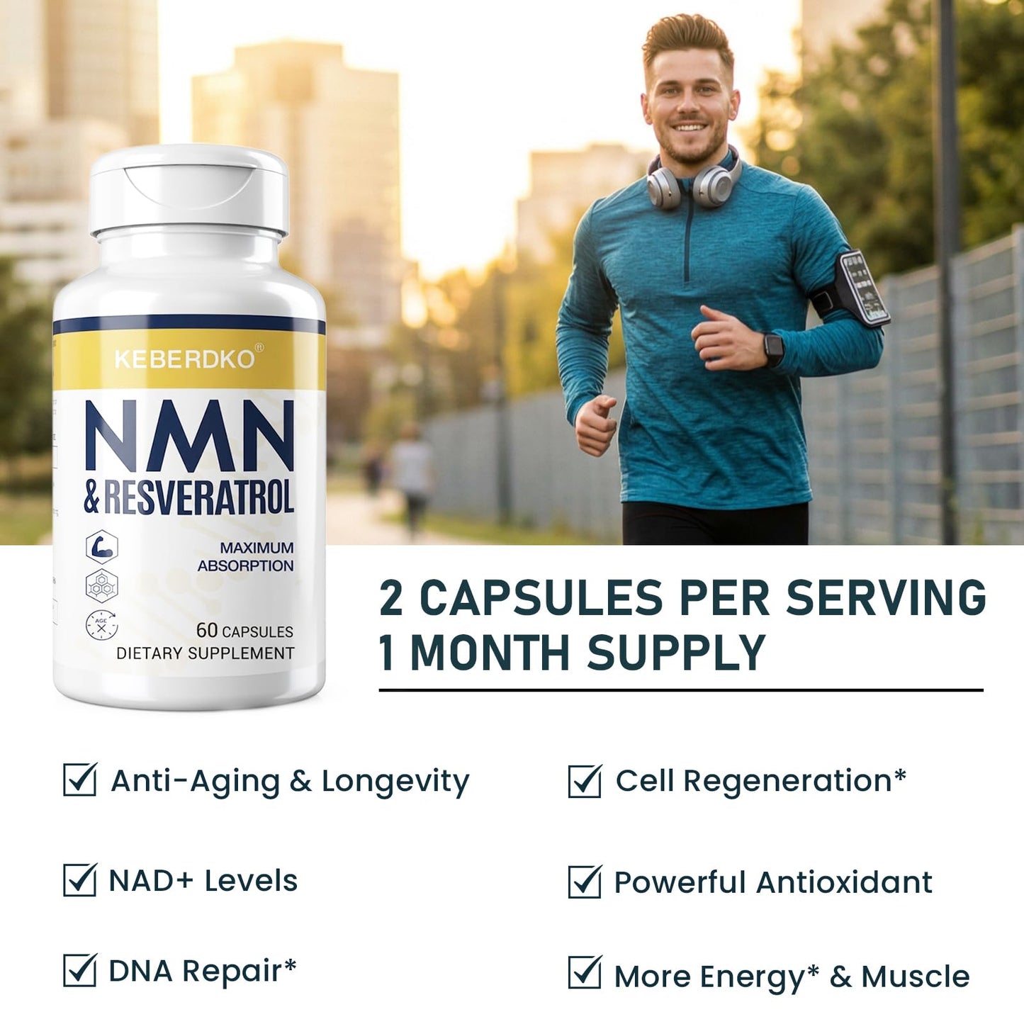 Keberdko NMN Complex 1150mg Per Serving NMN 500mg + Trans-Resveratrol 600mg 60 Capsules
