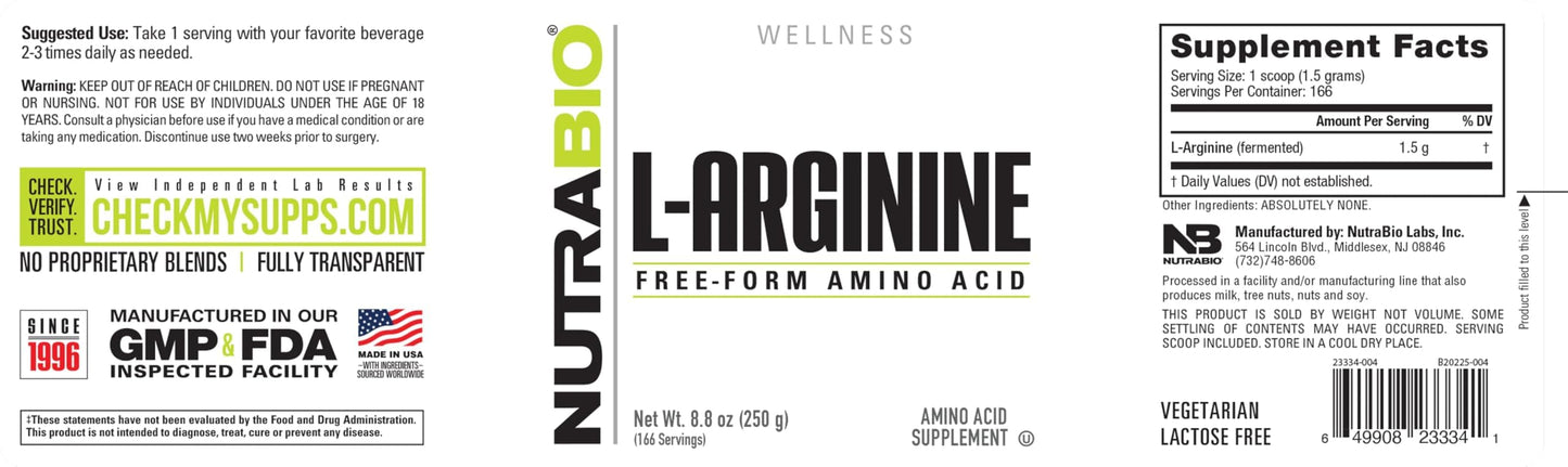 NutraBio L-Arginine Supplement Capsule, 750mg Nitric Oxide Precursor, 120 Capsules