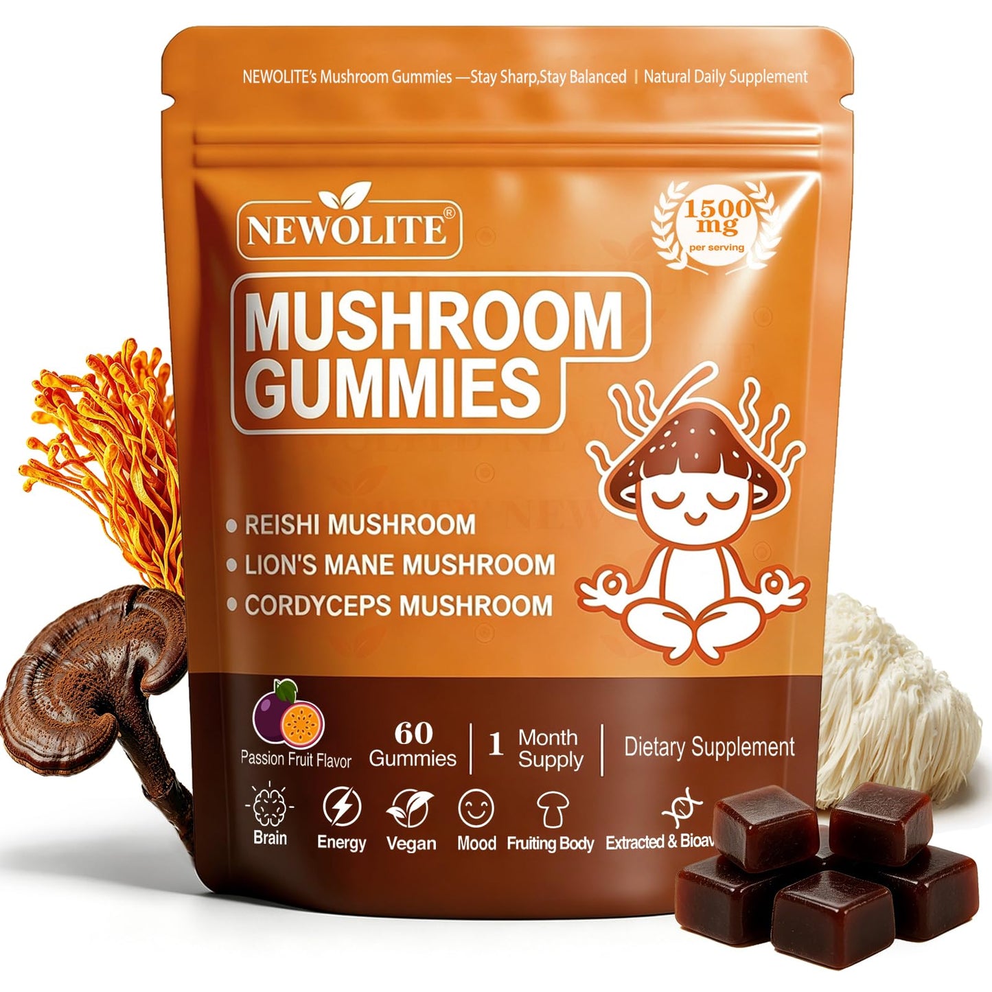 NEWOLITE Mushroom Gummies 1500mg – Functional Mushroom Blend with Lion’s Mane, Cordyceps & Reishi – Vegan Daily Supplement, Halal, 60 Gummies
