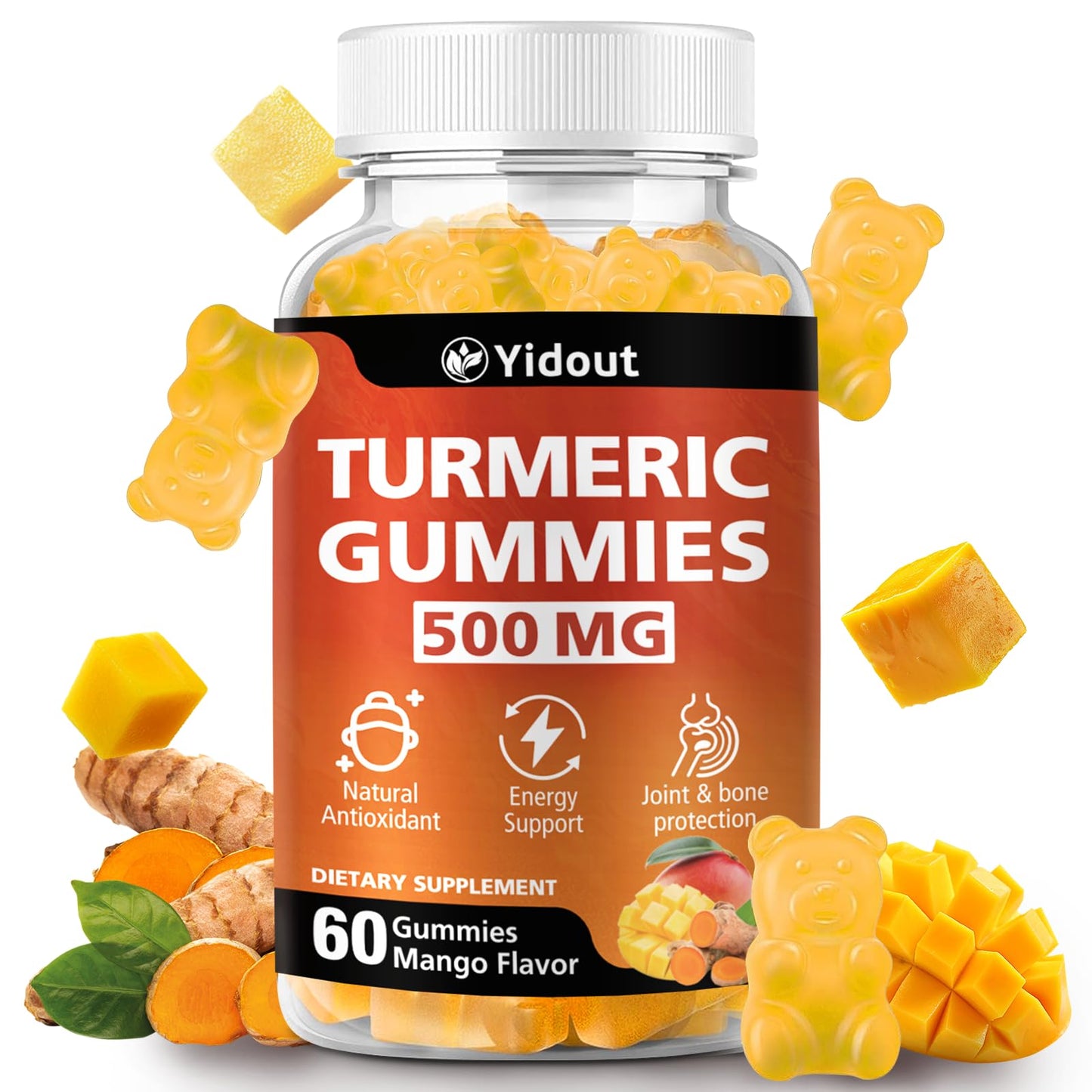 Yidout Turmeric Curcumin Gummies 500mg Mango, 60 Count