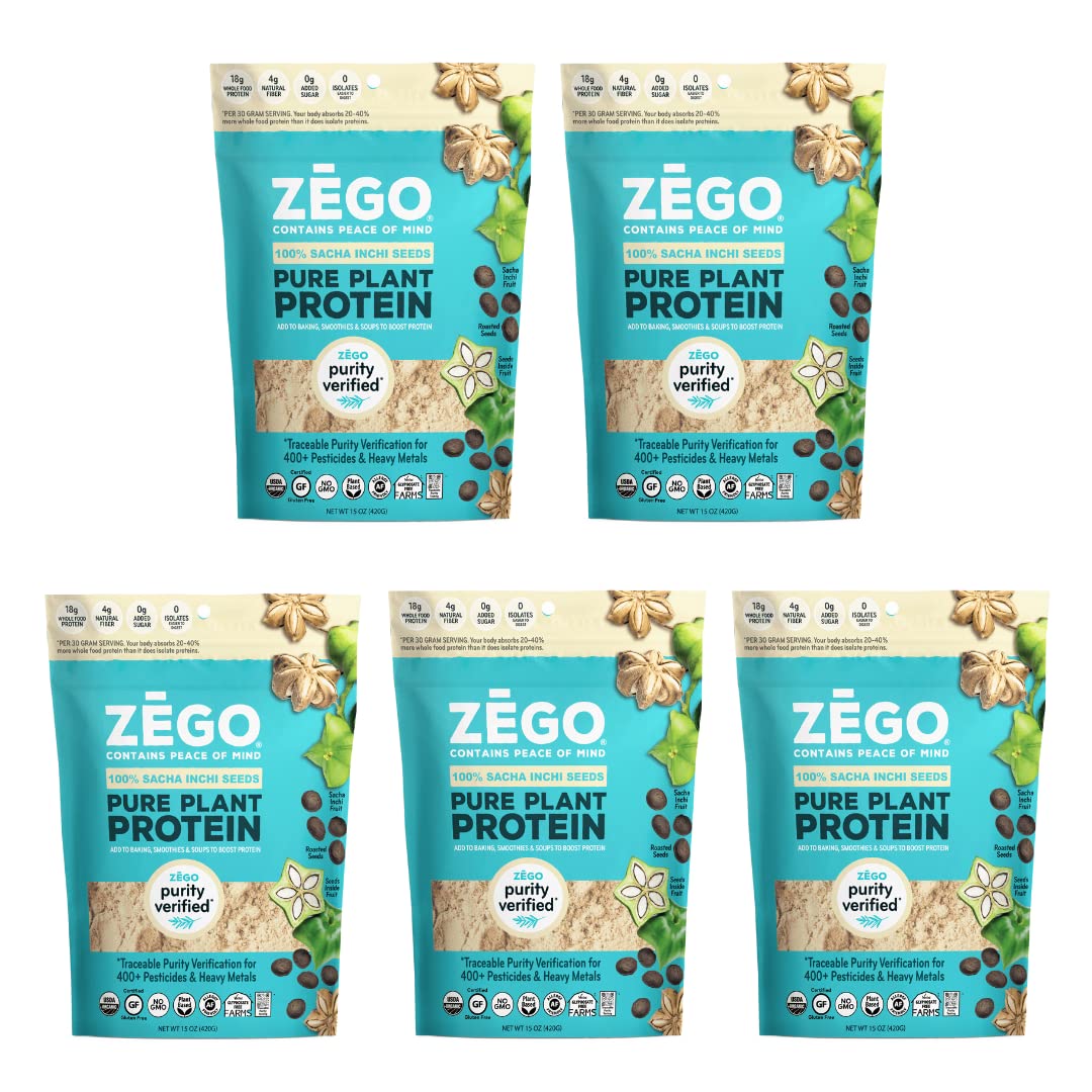 ZEGO Organic Sacha Inchi Seed Protein Powder, 15 oz (Pack of 5 Bags)