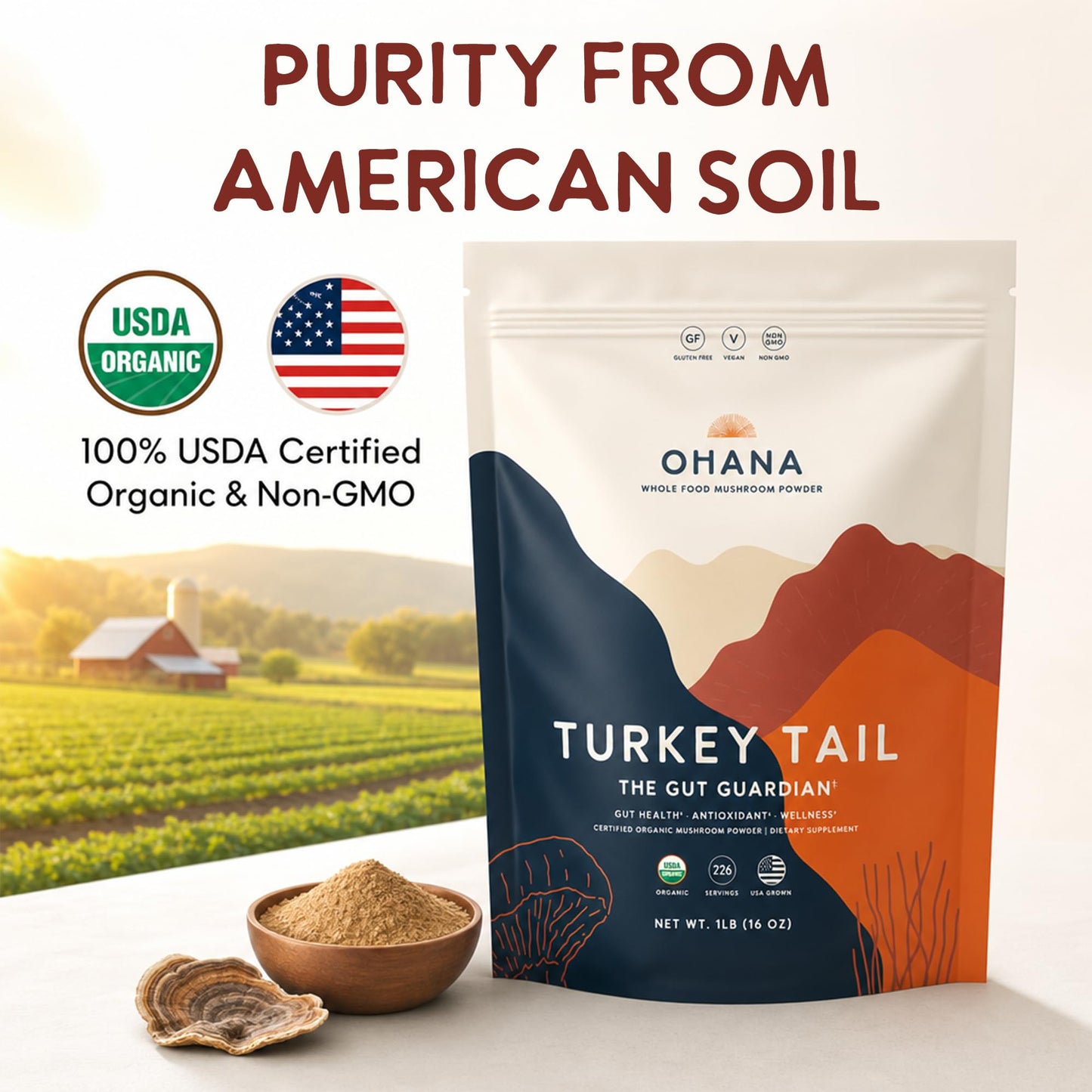 Ohana Mushrooms Turkey Tail Organic Mushrooms Powder Blend, 16 oz