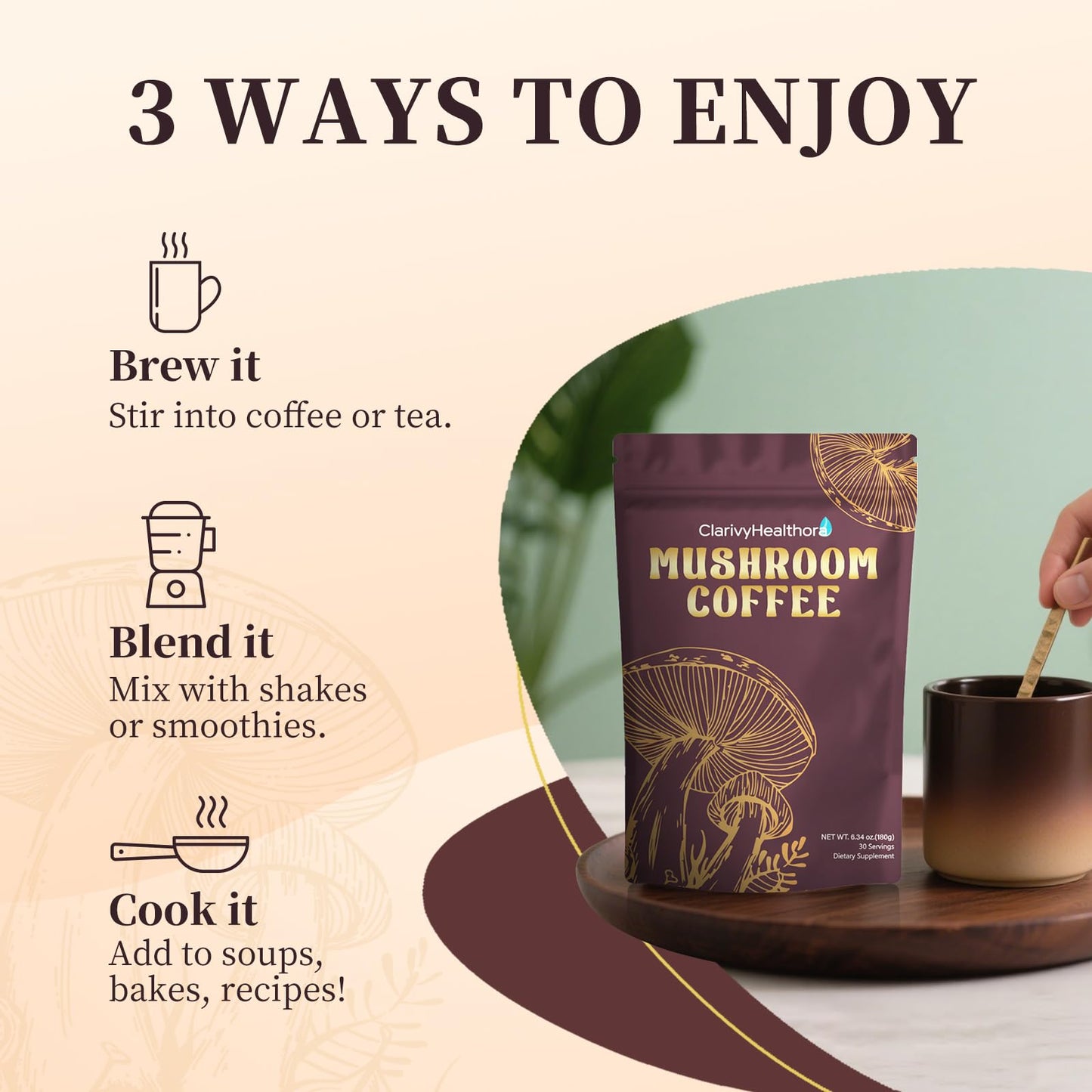 ClarivyHealthora Instant Mushroom Coffee Powder with Lions Mane & Turkey Tail, 6 Adaptogenic Mushrooms, 6.34 oz