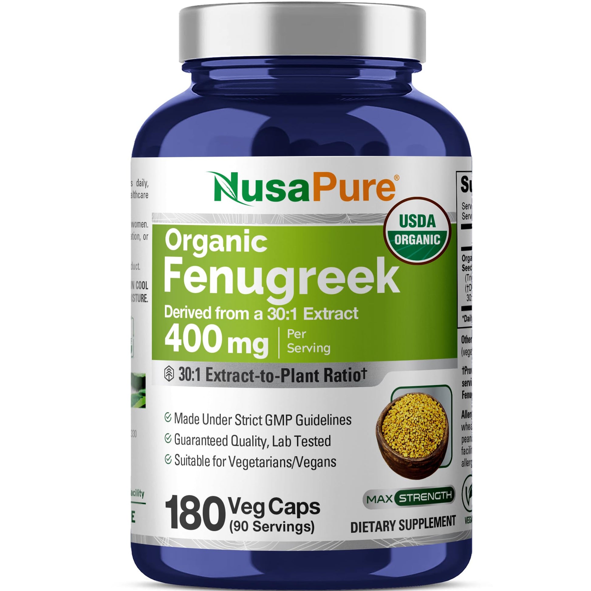 NusaPure Organic Fenugreek 400mg Capsules, 180 Count