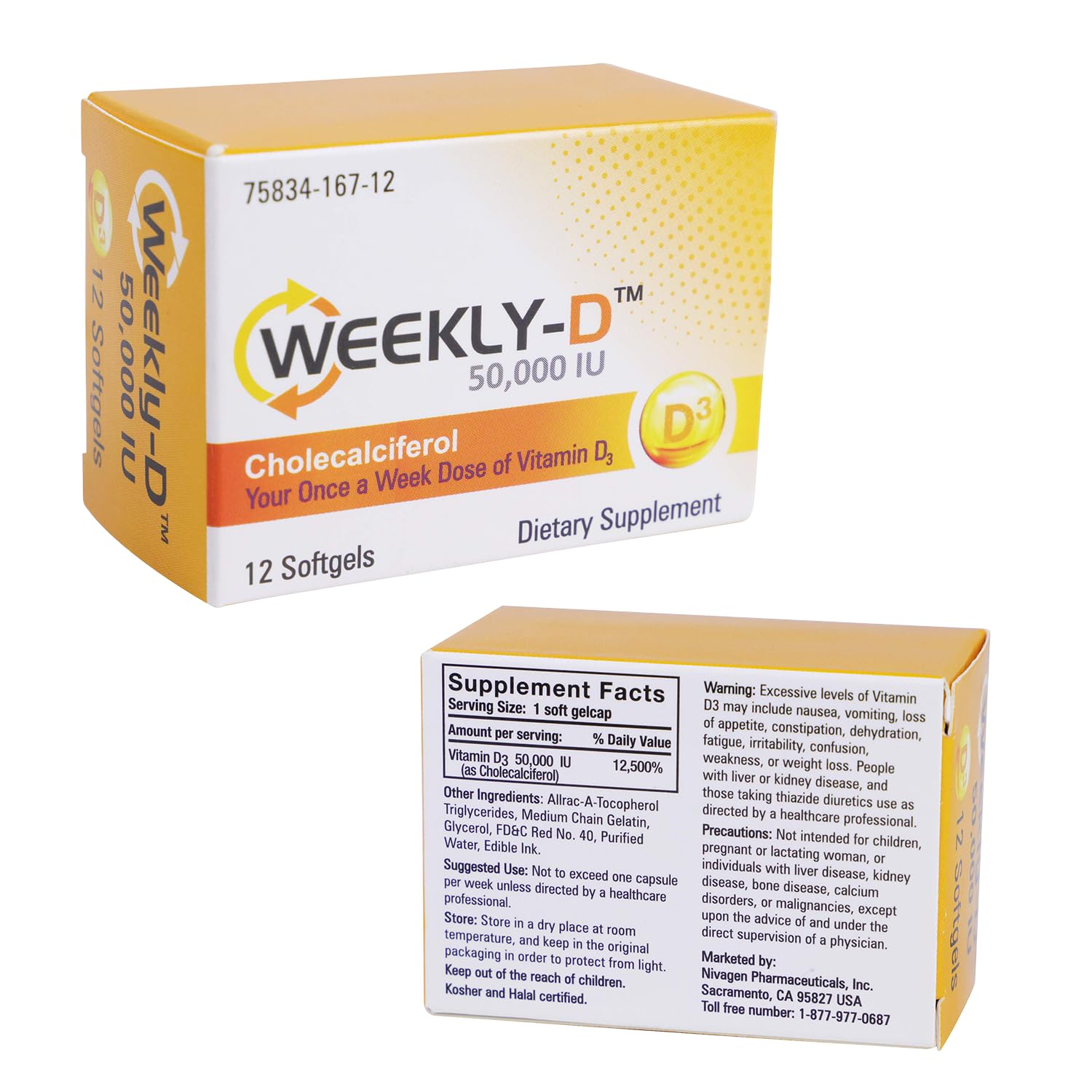 Nivagen Weekly-D Vitamin D3 50,000 IU (Cholecalciferol) Softgels, 12 Count