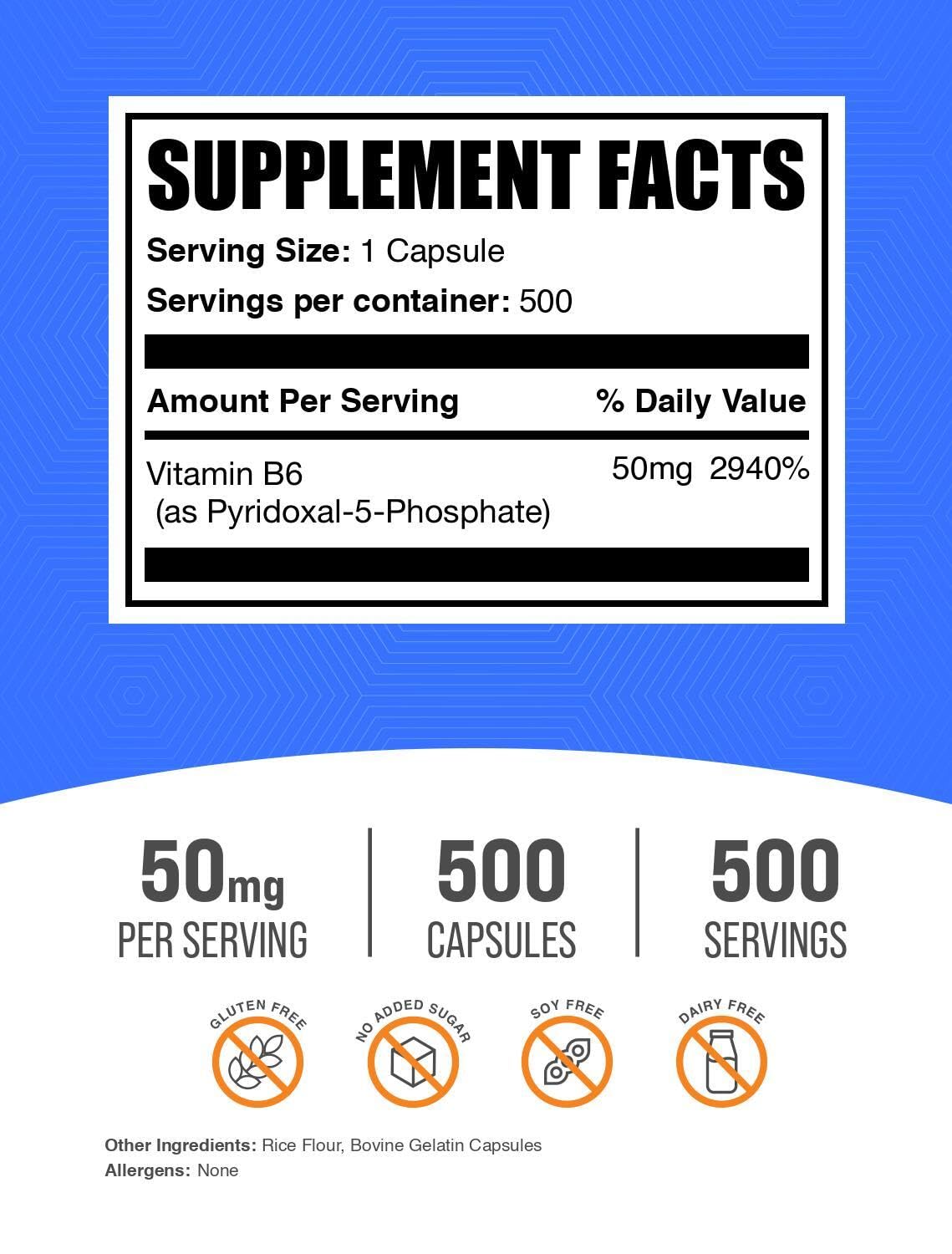 BulkSupplements Pyridoxal 5-Phosphate Capsules 500 Count