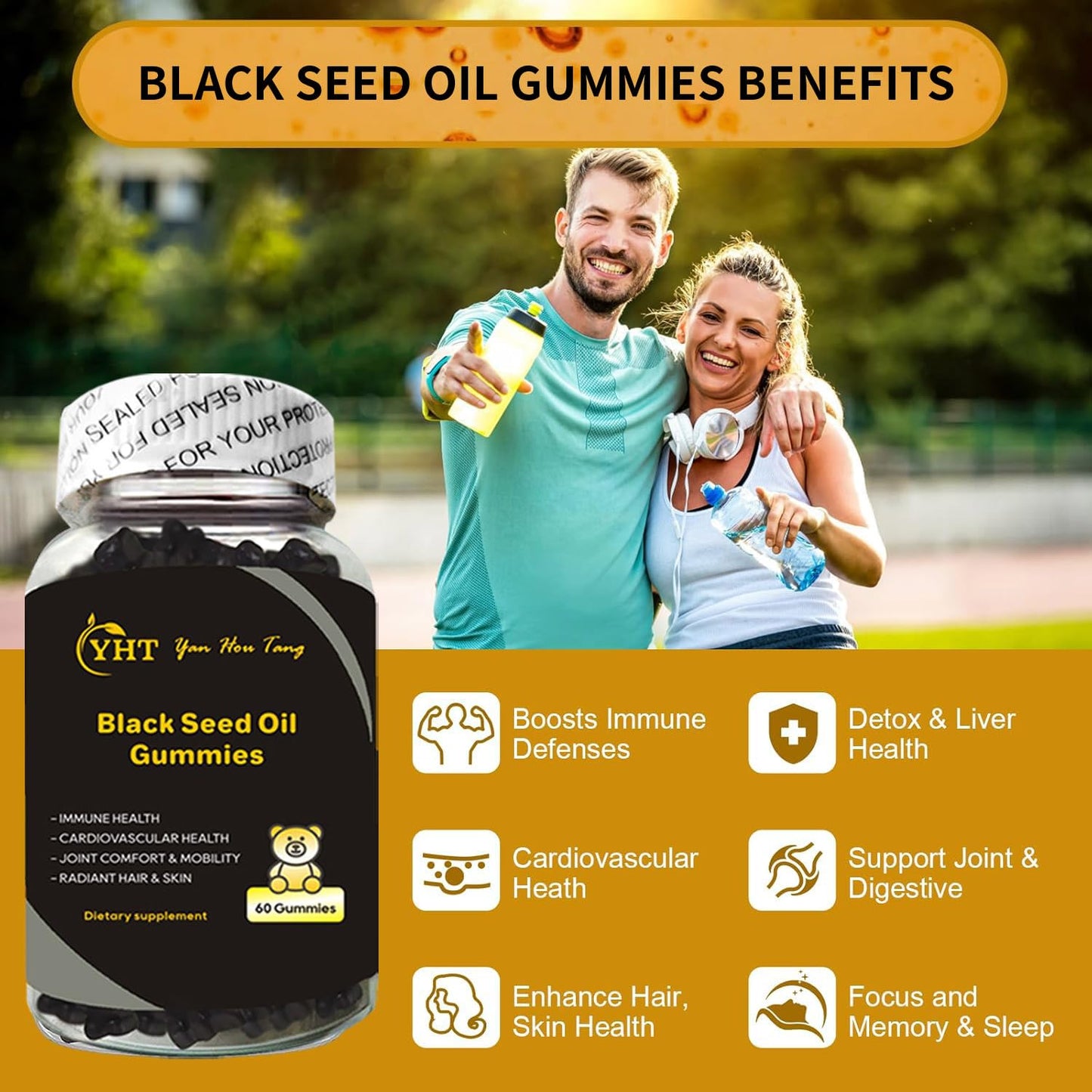 Eilin YHT Sativa Black Seed Oil Gummies 1000MG Immune System Joints Digestion Hair Skin Support Supplement, 60 Gummies