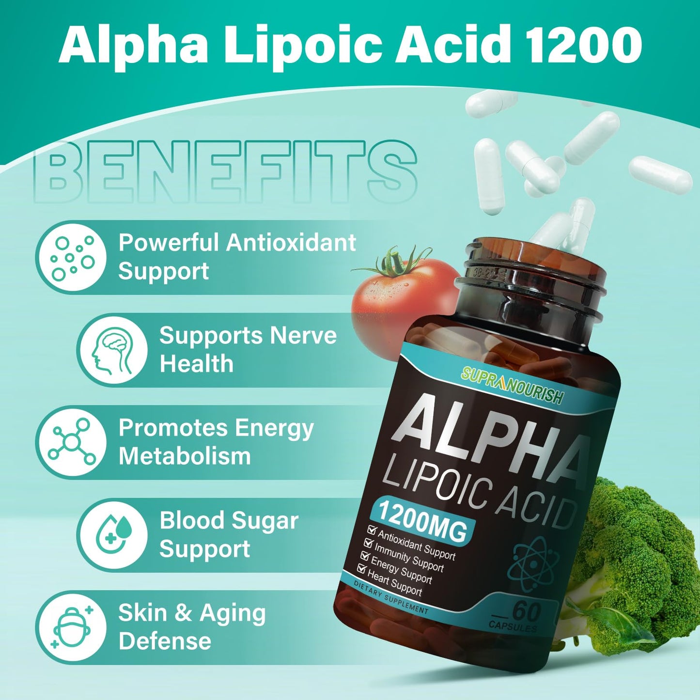 SUPRANOURISH Alpha Lipoic Acid 1000mg 6-in-1 Nerve Support Supplement with Benfotiamine, B1, B12, Grape Seed & Ubiquinol Non-GMO, 60 Capsules