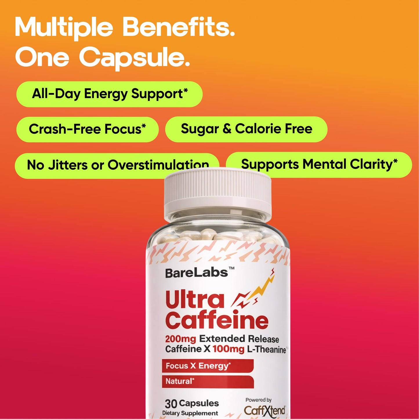 BareLabs Extended Release Caffeine Pills + Caffeine L-Theanine + Focus & Energy Supplement + No Jitters, No Crash + Natural - 120 Capsules