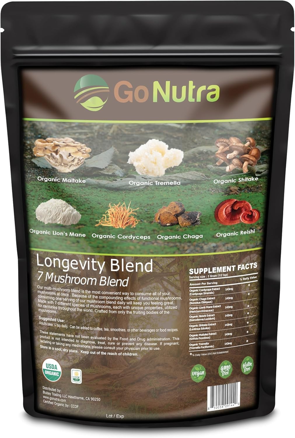 Go Nutra Organic 7 Mushroom Supplement Powder, 8 oz