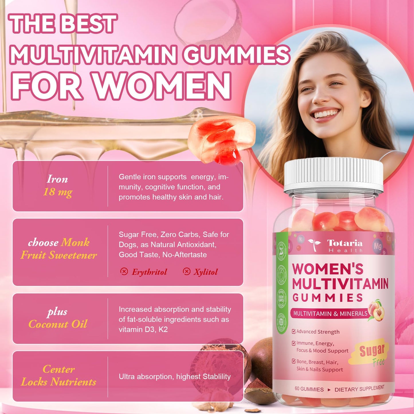 Totaria Sugar Free Multivitamin Gummies for Women 14+ with Iron, Inositol, Folate, Biotin, Vitamins A, C, B, D3, K2, Peach Flavor - 60 Gummies