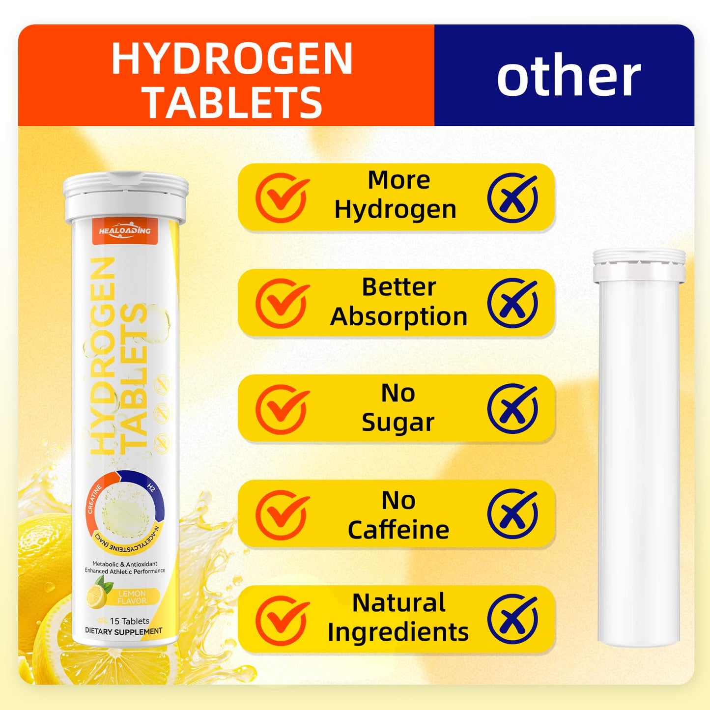 HEALOADING Hydrogen Water Tablets with Magnesium, 12.4PPM Molecular Hydrogen Supplement, 15 Tablets
