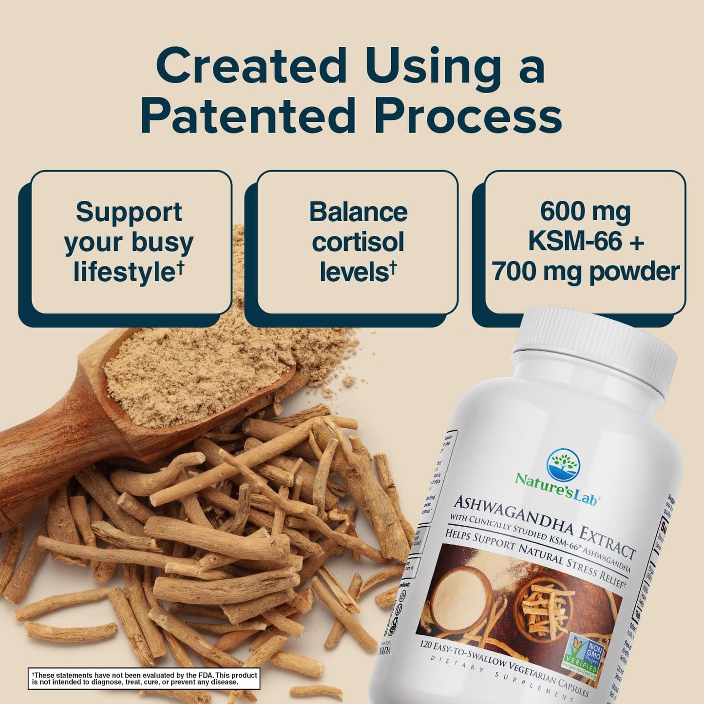 Nature's Lab Ashwagandha KSM 66 Extract - 5% Withanolides, Pure Organic Ashwagandha Root Powder Capsules, 120 Count