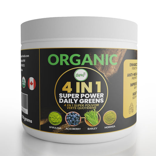 am2 Organic Superfood Powder 4-in-1 Blend – Moringa, Spirulina, Barley Grass, Acai Berry, 1 oz