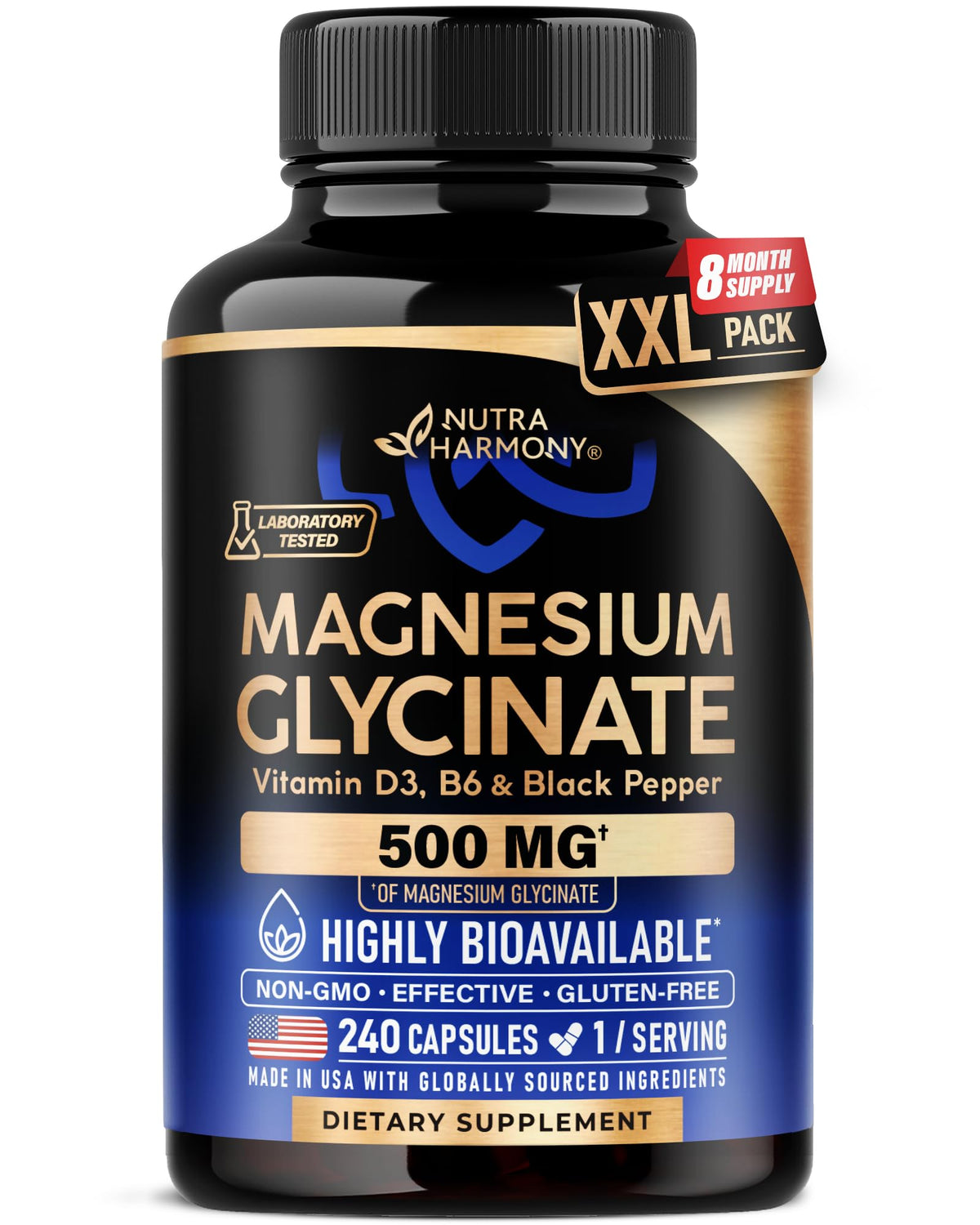 Magnesium Glycinate 500mg - VIT. B6 & D3 - Sleep, Muscle & Heart - 240 Caps
