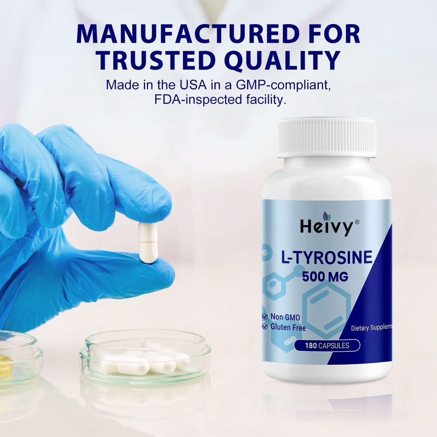 Heivy L-Tyrosine 500mg Amino Acid Supplement Focus & Mental Energy Support Capsule 180 Count
