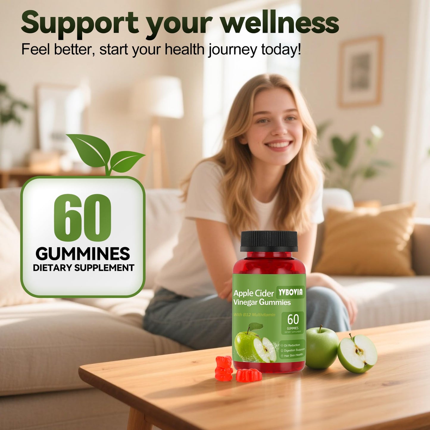 Yvbovia Apple Cider Vinegar Gummies with B12, Gluten Free, Vegan, Non-GMO, 120 Gummies