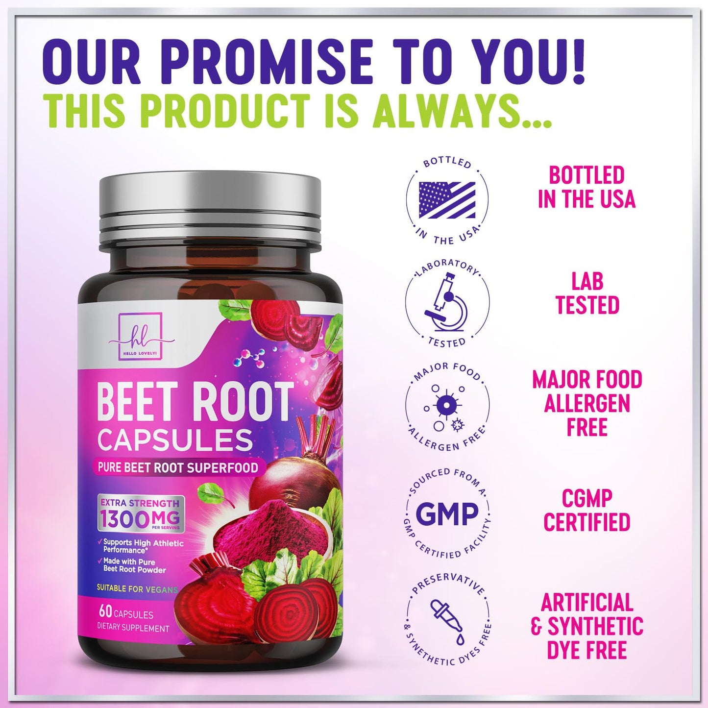 Hello Lovely! Organic Beet Root 1300mg Per Serving - Extra Strength Beetroot Supplement, Supports Athletic Performance, Vitality & Immune System, Best Beet Root Powder, Non-GMO, Bottled USA, 60 Capsules