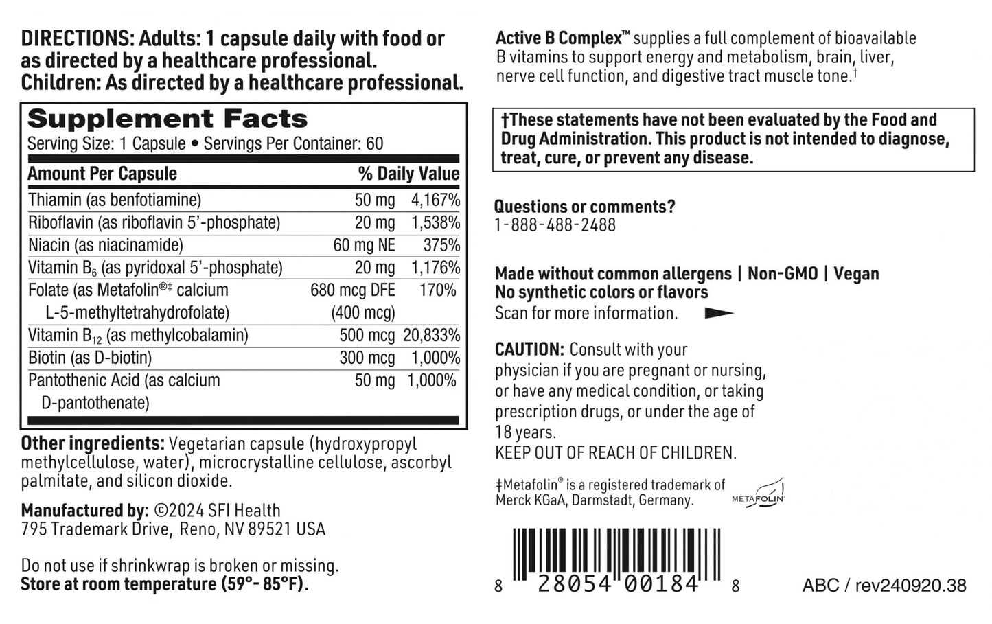 SFI Health Active B Complex Capsule 60 Count