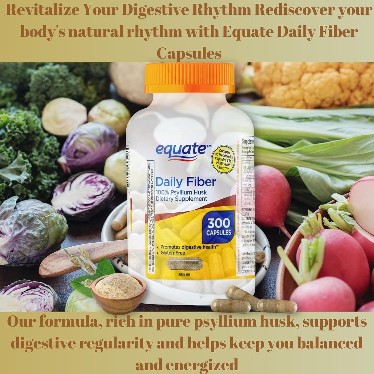 BASKETGOODS Equate Daily Fiber Psyllium Husk Capsules, 300