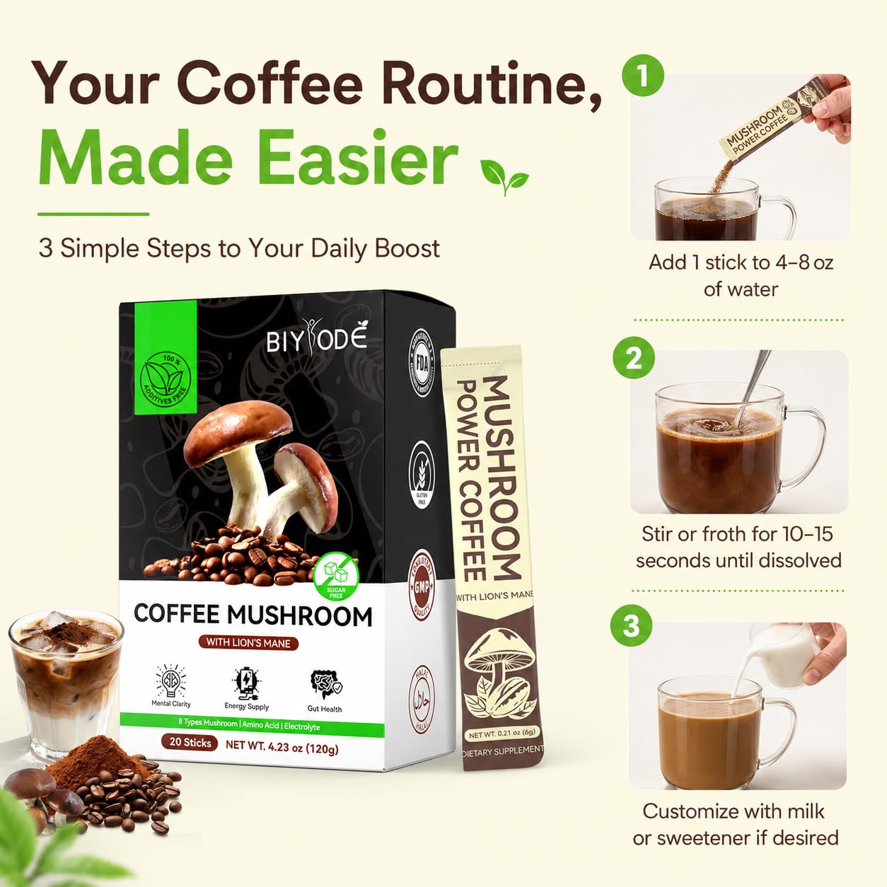 BIYODE Mushroom Coffee Instant Powder Sticks 4.23 oz