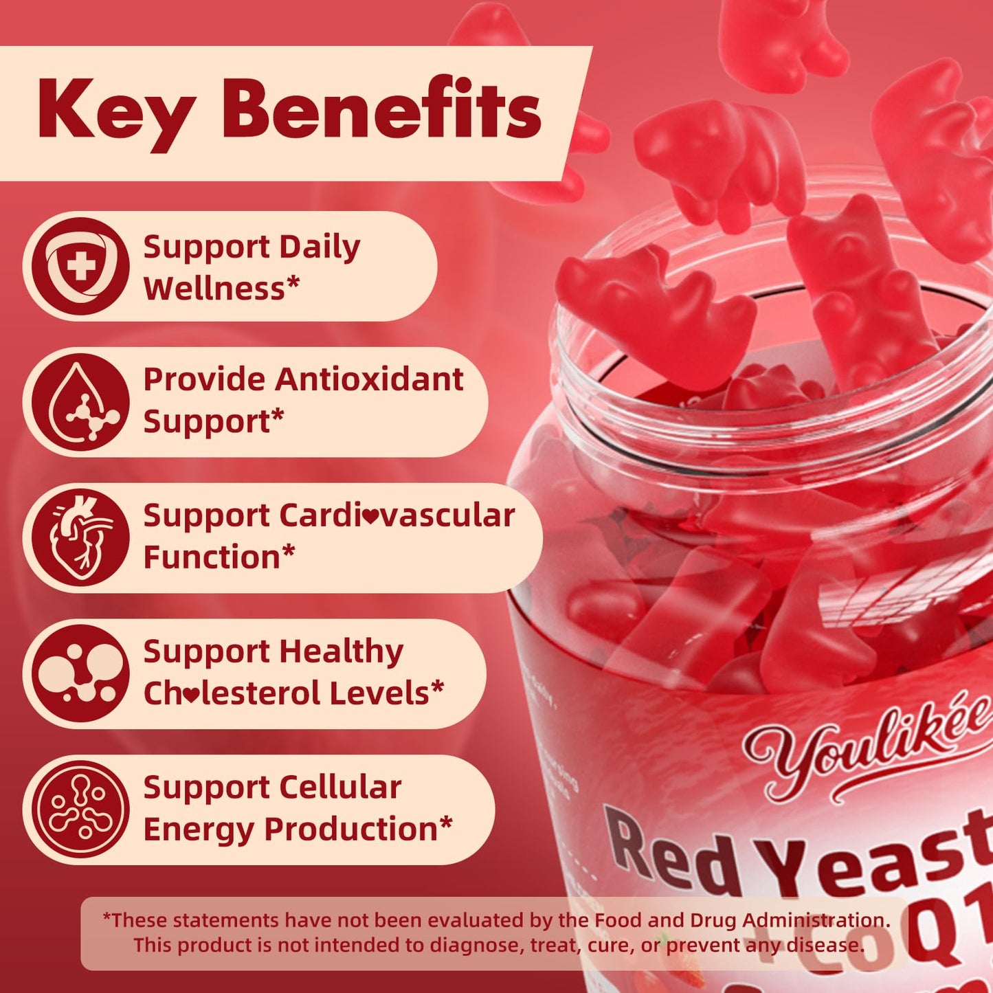 Youlikee Red Yeast Rice Gummies 1200mg with CoQ10, Red Yeast Rice Supplement, 120 Count