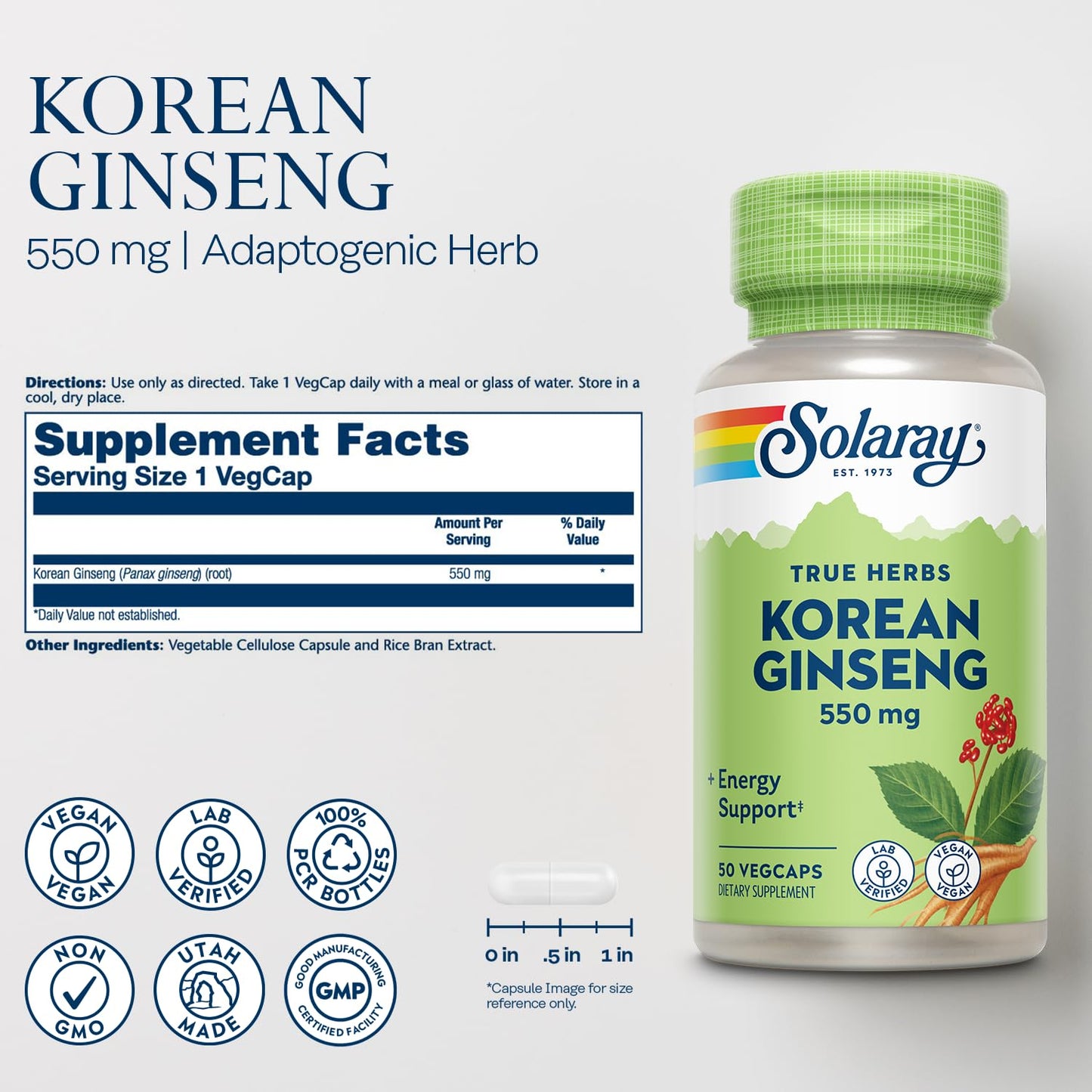 SOLARAY Korean Ginseng 550 mg Capsule, 50 Count