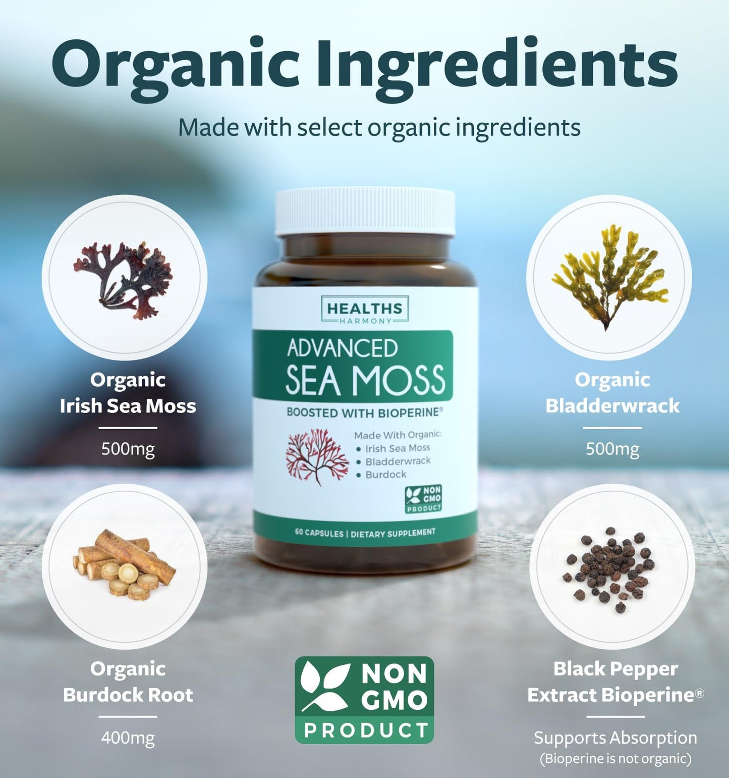 Healths Harmony Organic Irish Sea Moss Capsules with Bladderwrack, Burdock Root & Black Pepper Extract, 60 Capsules